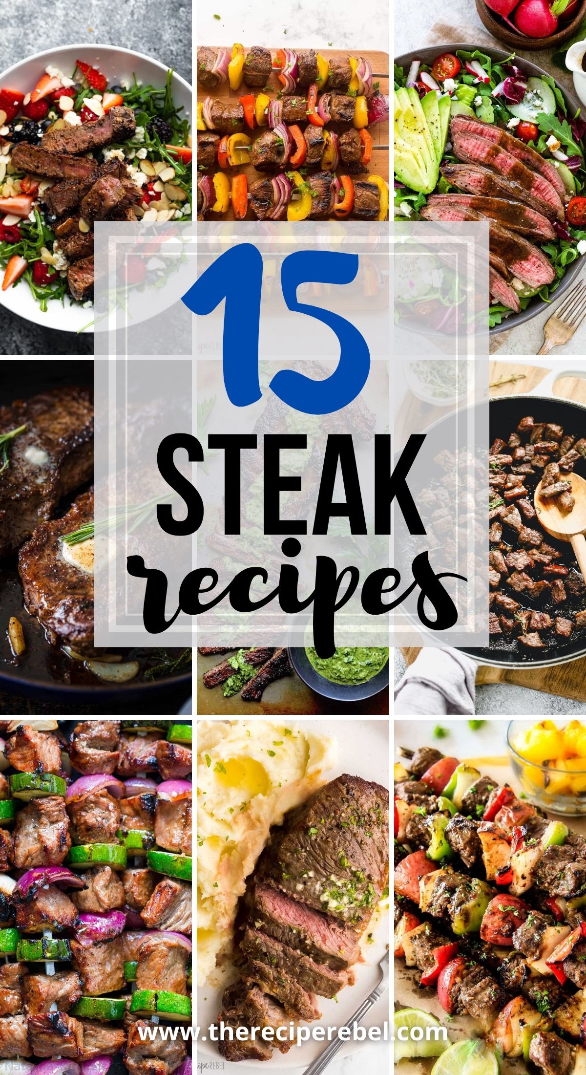 long collage image for steak recipes including nine images and title.