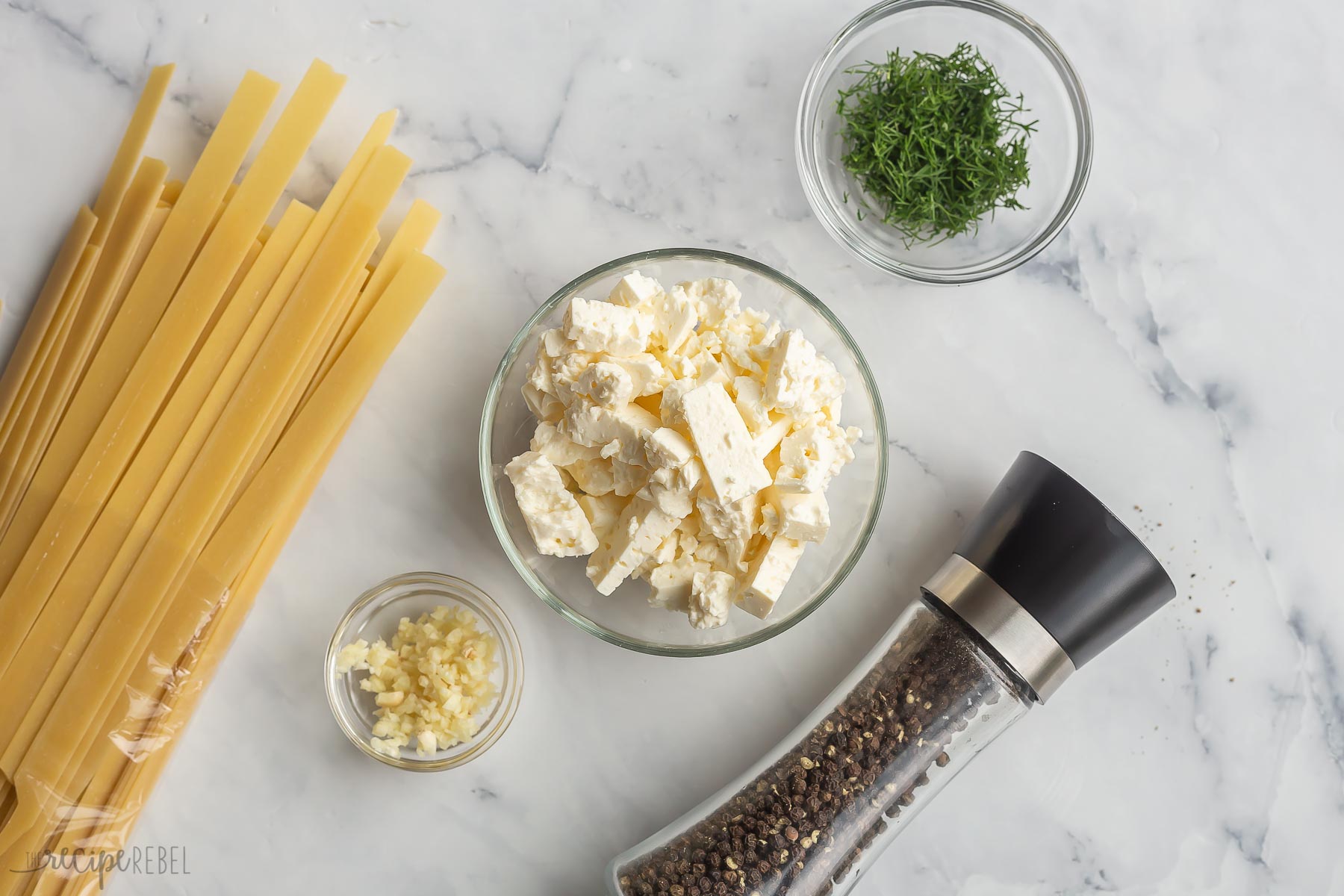 ingredients needed for feta pasta with dill.