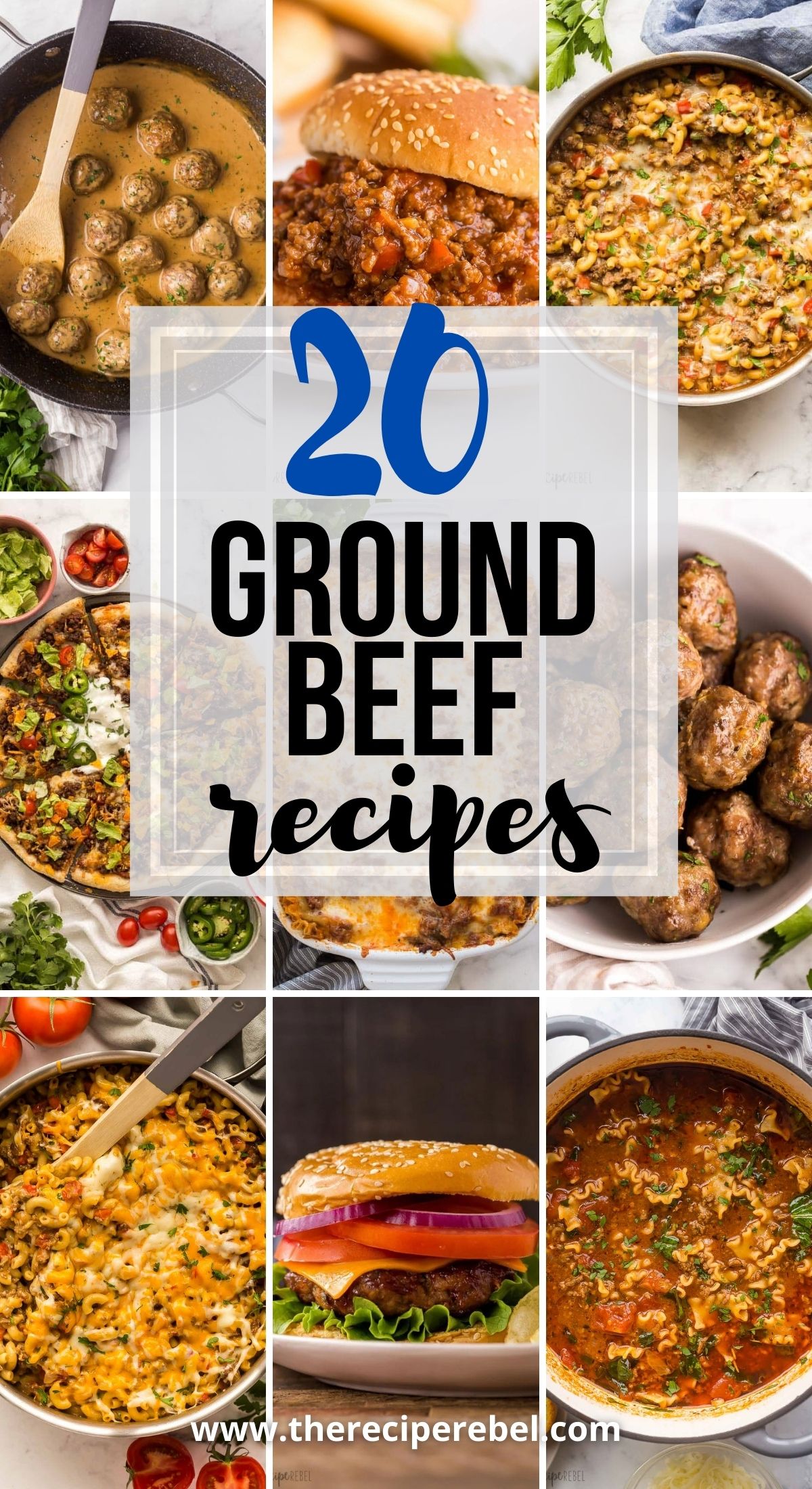 long collage image for ground beef recipes with title.