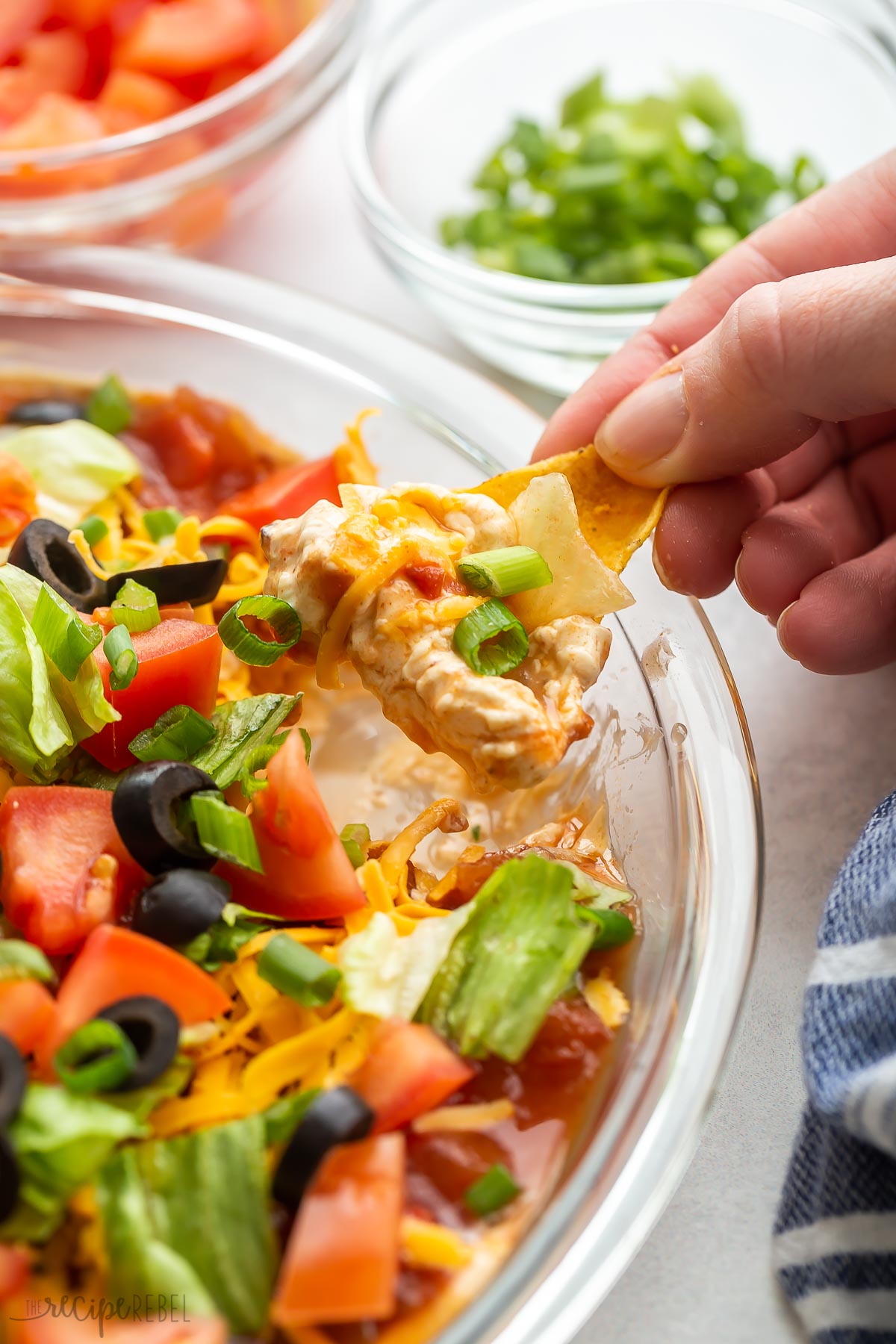 close up image of a chip with taco dip on it.