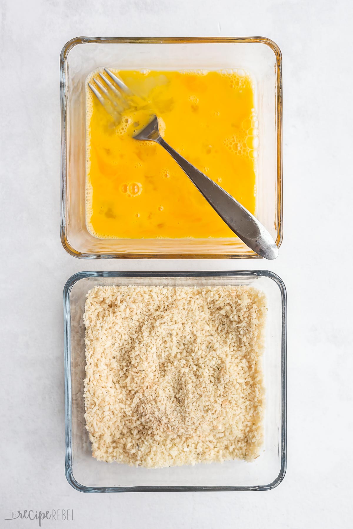 egg coating and bread crumb coating for chicken parmesan.