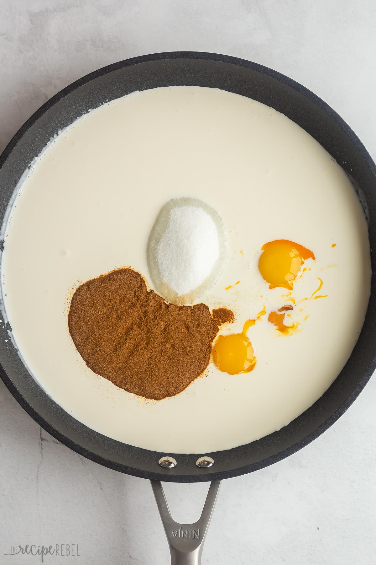 custard ingredients in skillet.