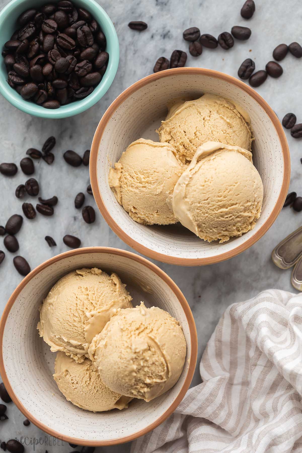 overhead image of two bowls of homemade ice cream.