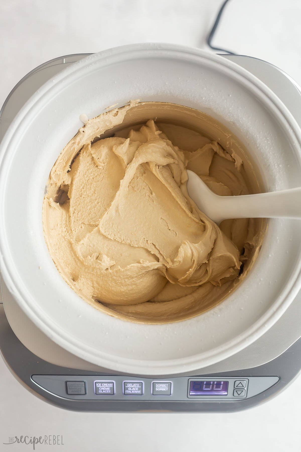 coffee ice cream base in ice cream maker.