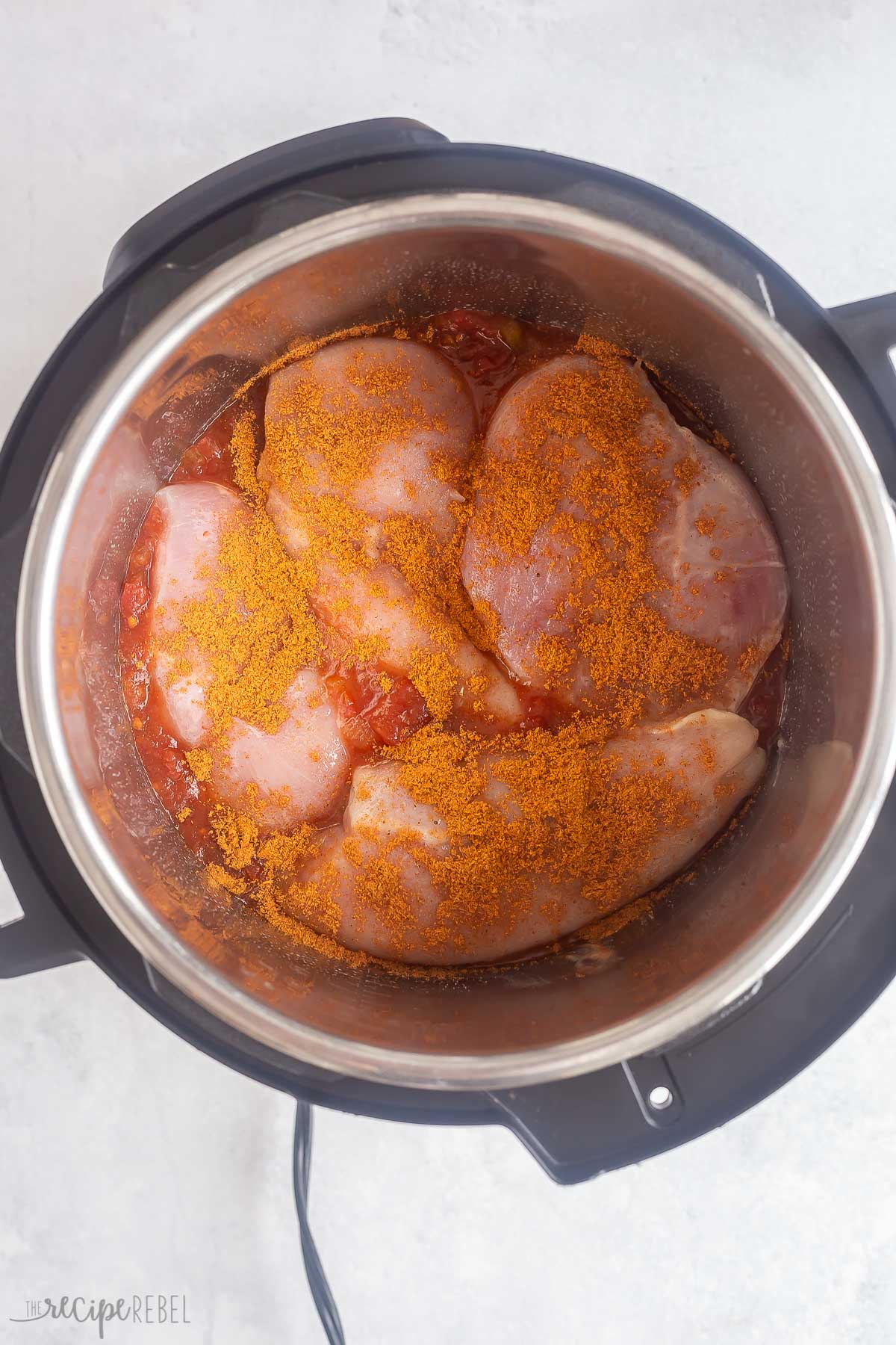 chicken breasts with salsa and taco seasoning in instant pot.