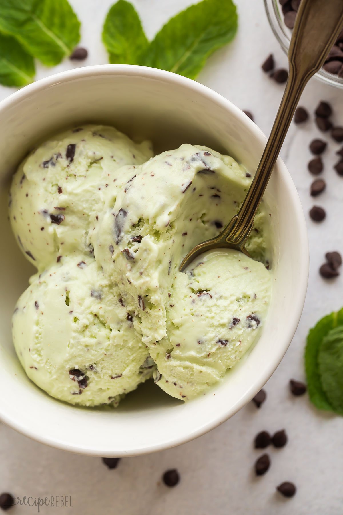 close up image of spoon scooping mint ice cream from bowl.