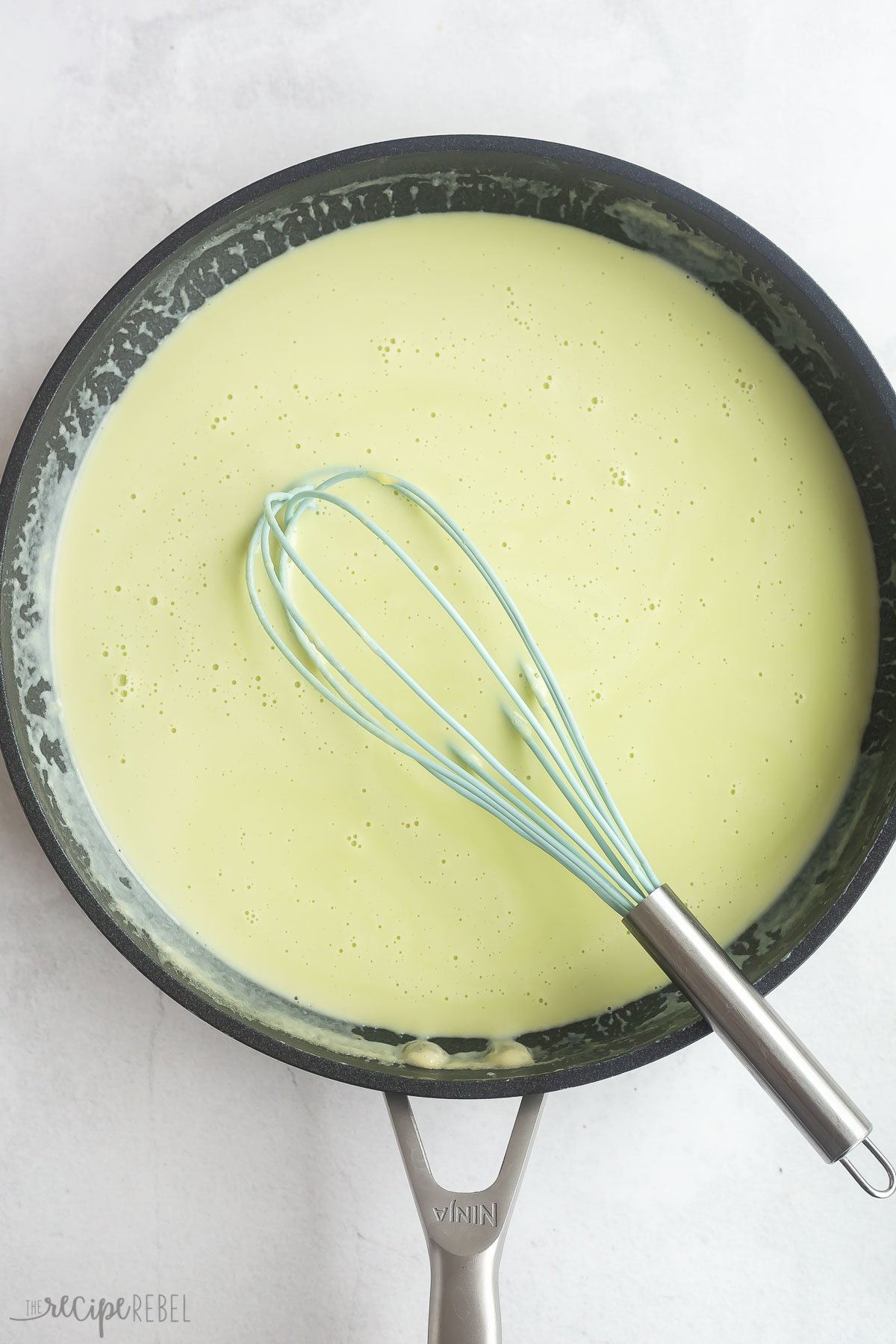 mint custard ice cream base in skillet.