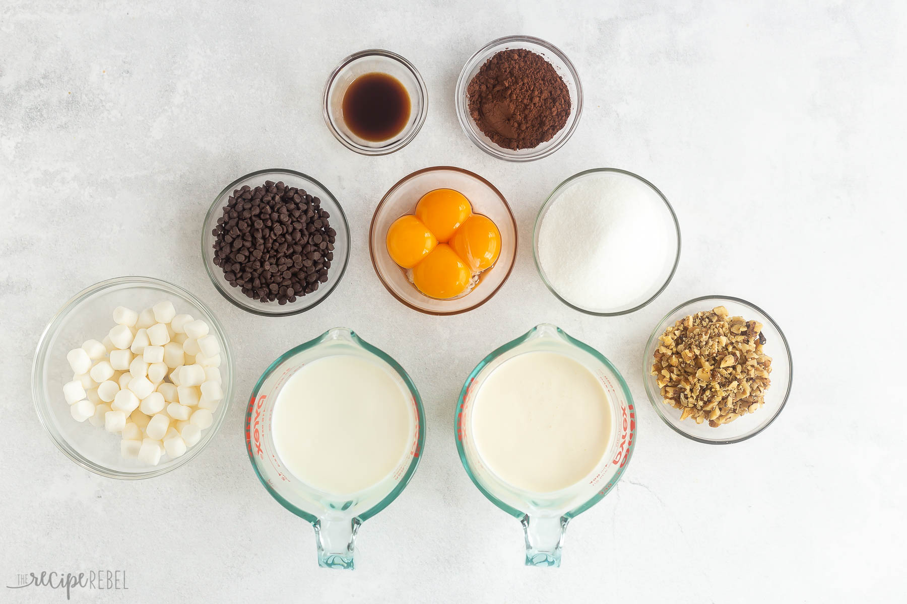 ingredients needed for rocky road ice cream on white background.
