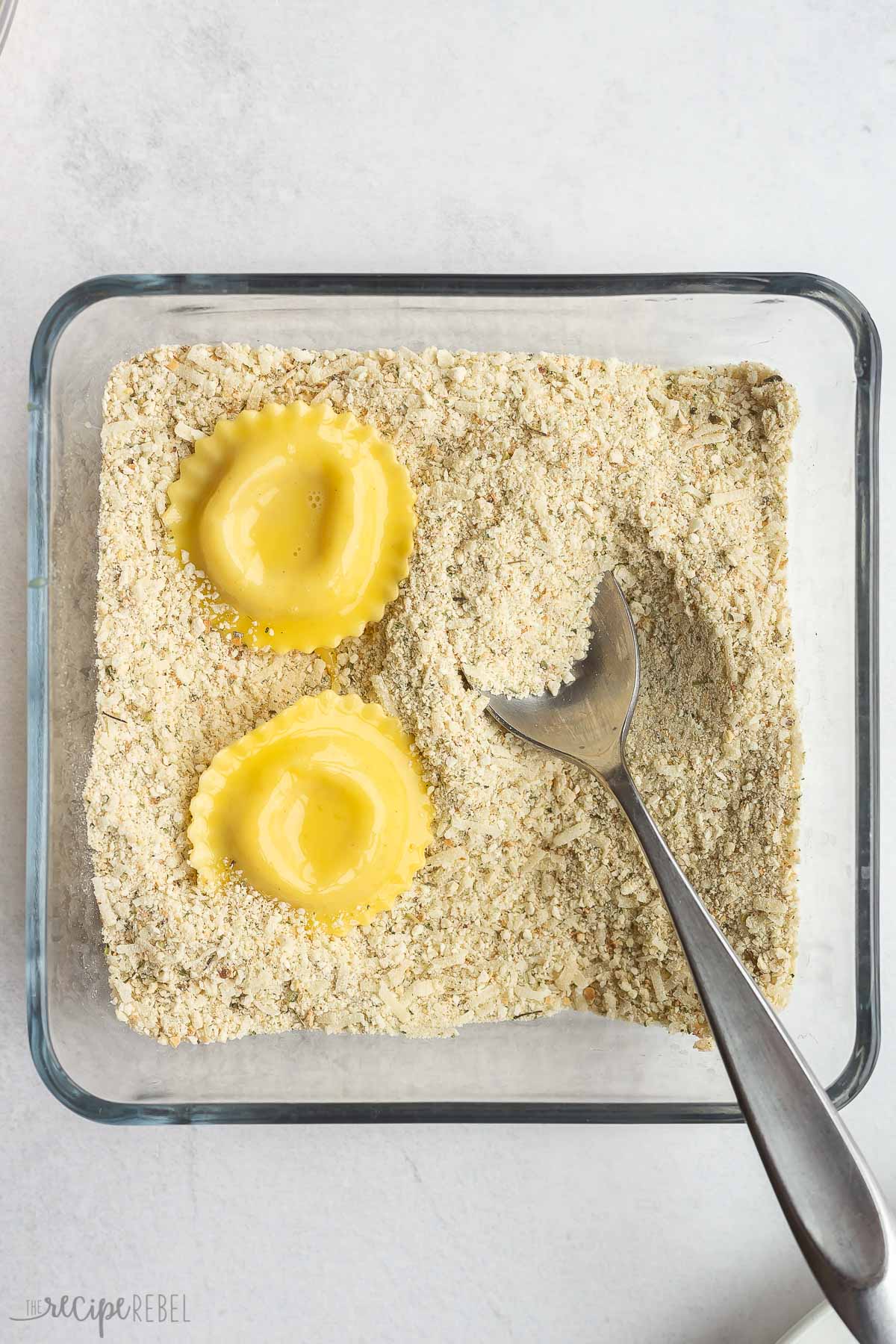 fresh ravioli coated in bread crumb mixture.