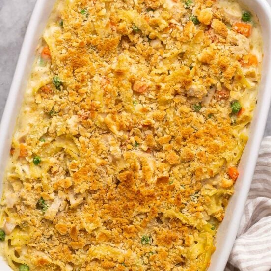 overhead image of chicken noodle casserole with cracker topping.