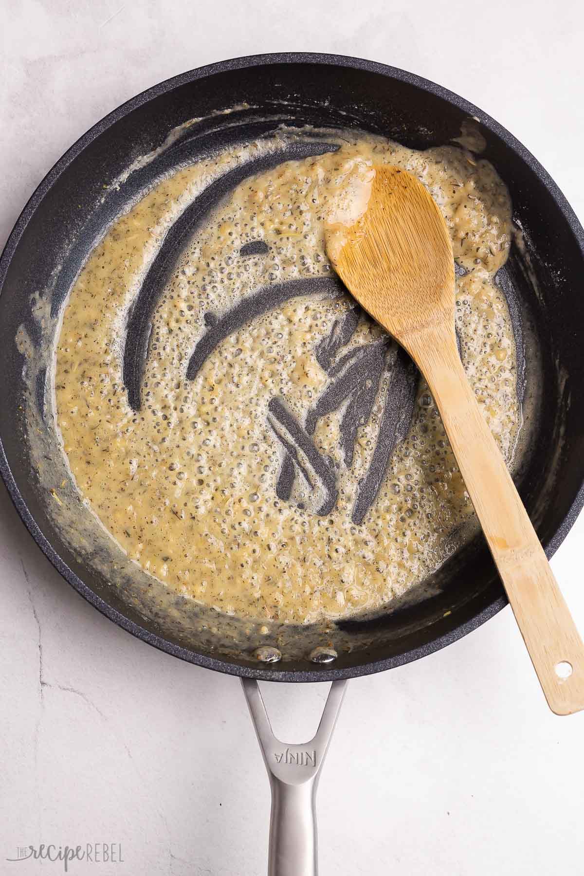 flour added to butter in pan to make a roux.
