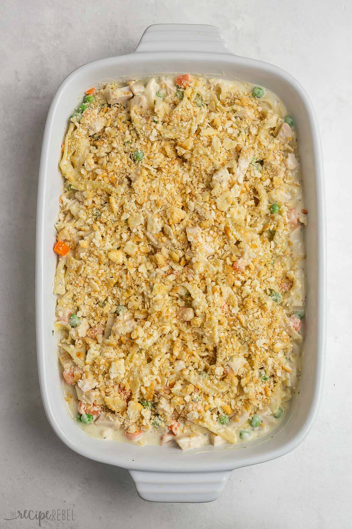 chicken noodle casserole ready to bake.