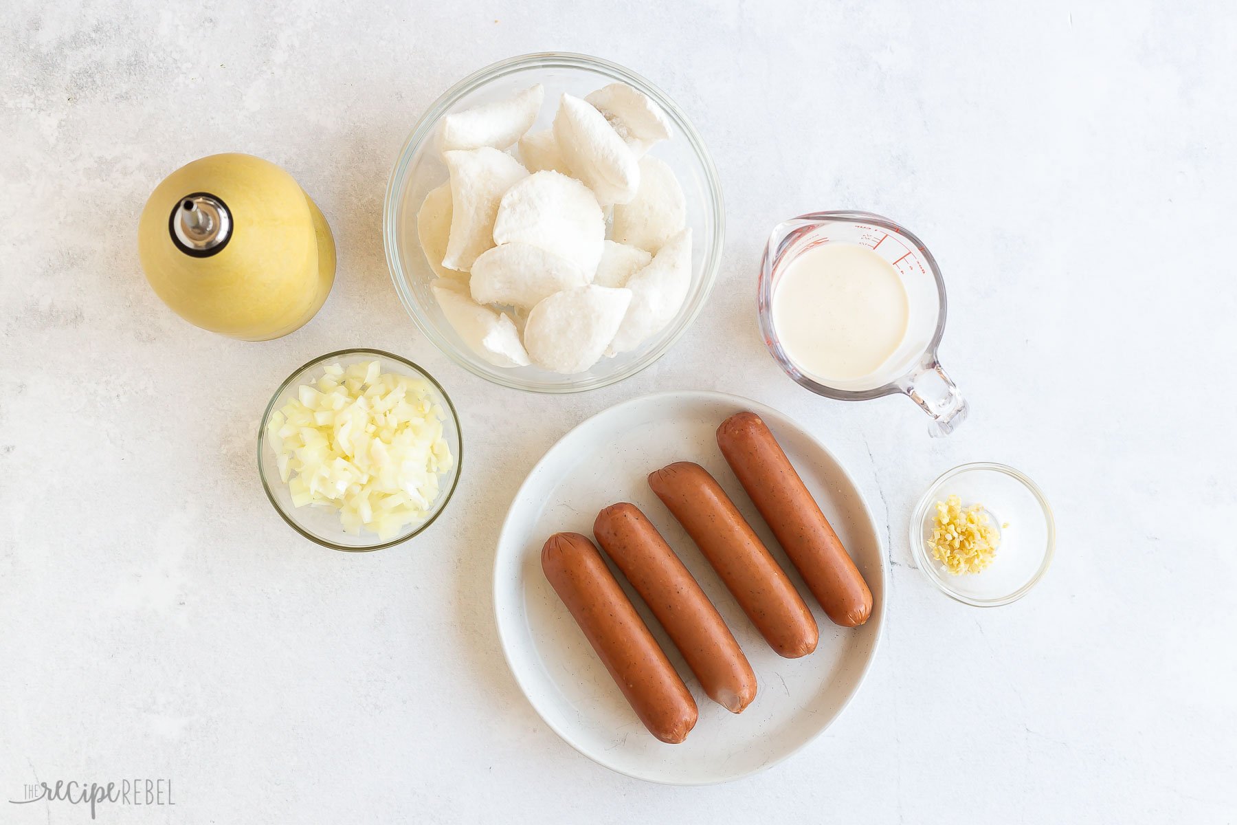 ingredients needed for perogies and sausage skillet.