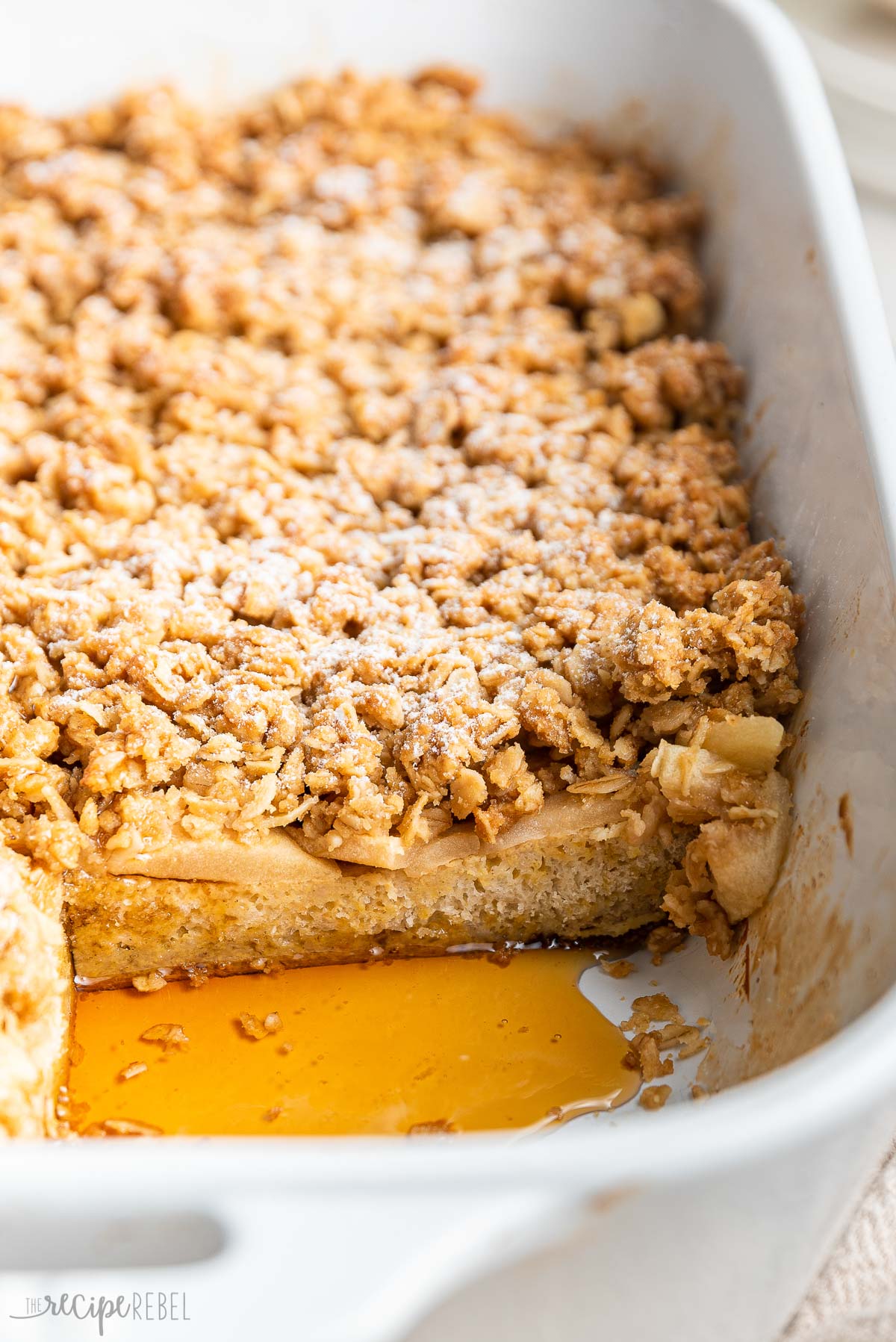 apple crisp french toast finished with one piece cut out.