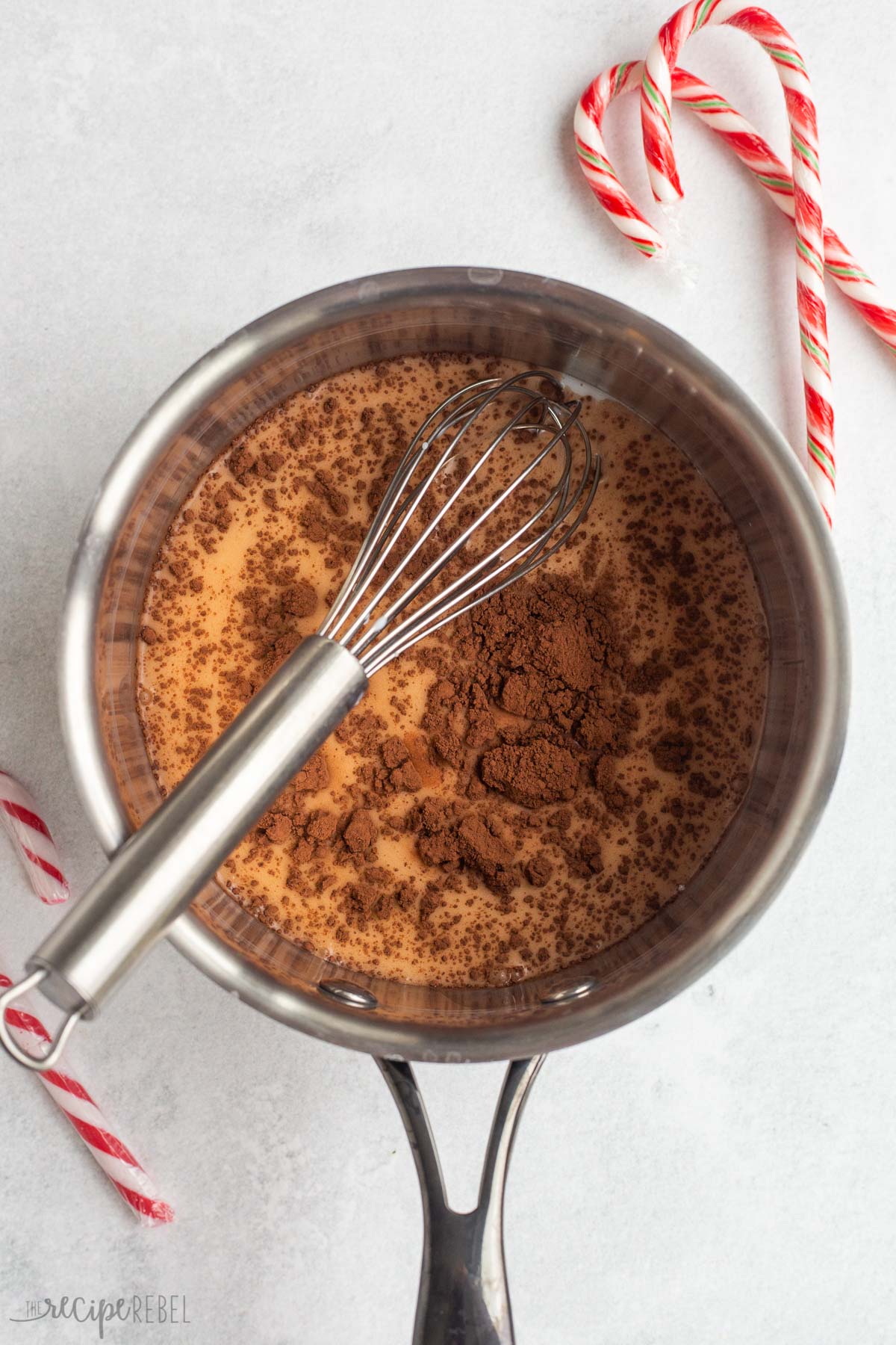peppermint mocha ingredients added to saucepan.