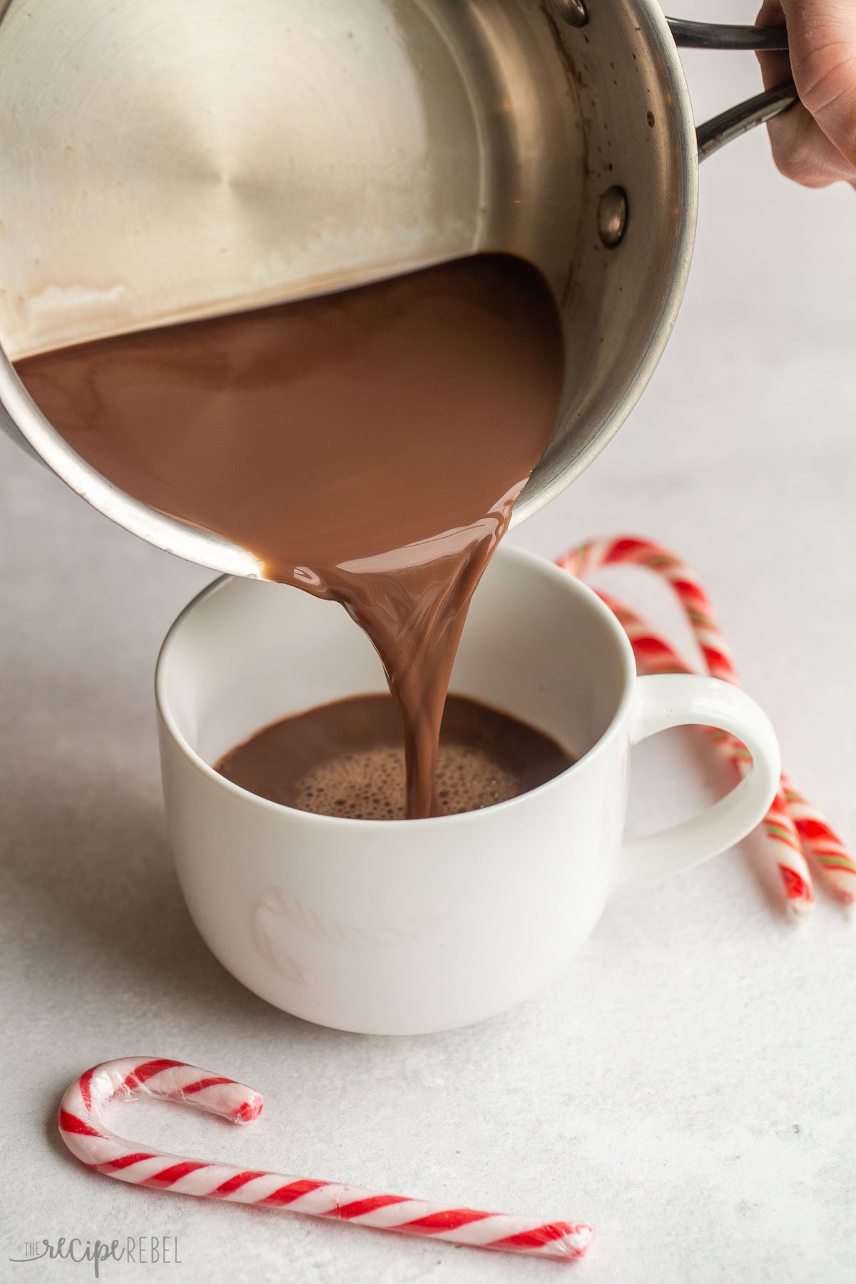 peppermint mocha poured into white mug.