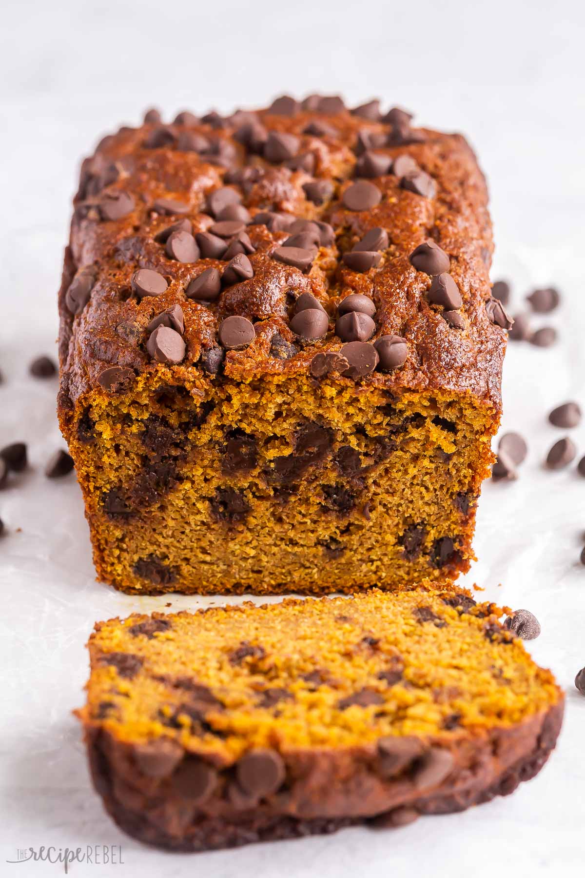 one slice of pumpkin bread cut from loaf.