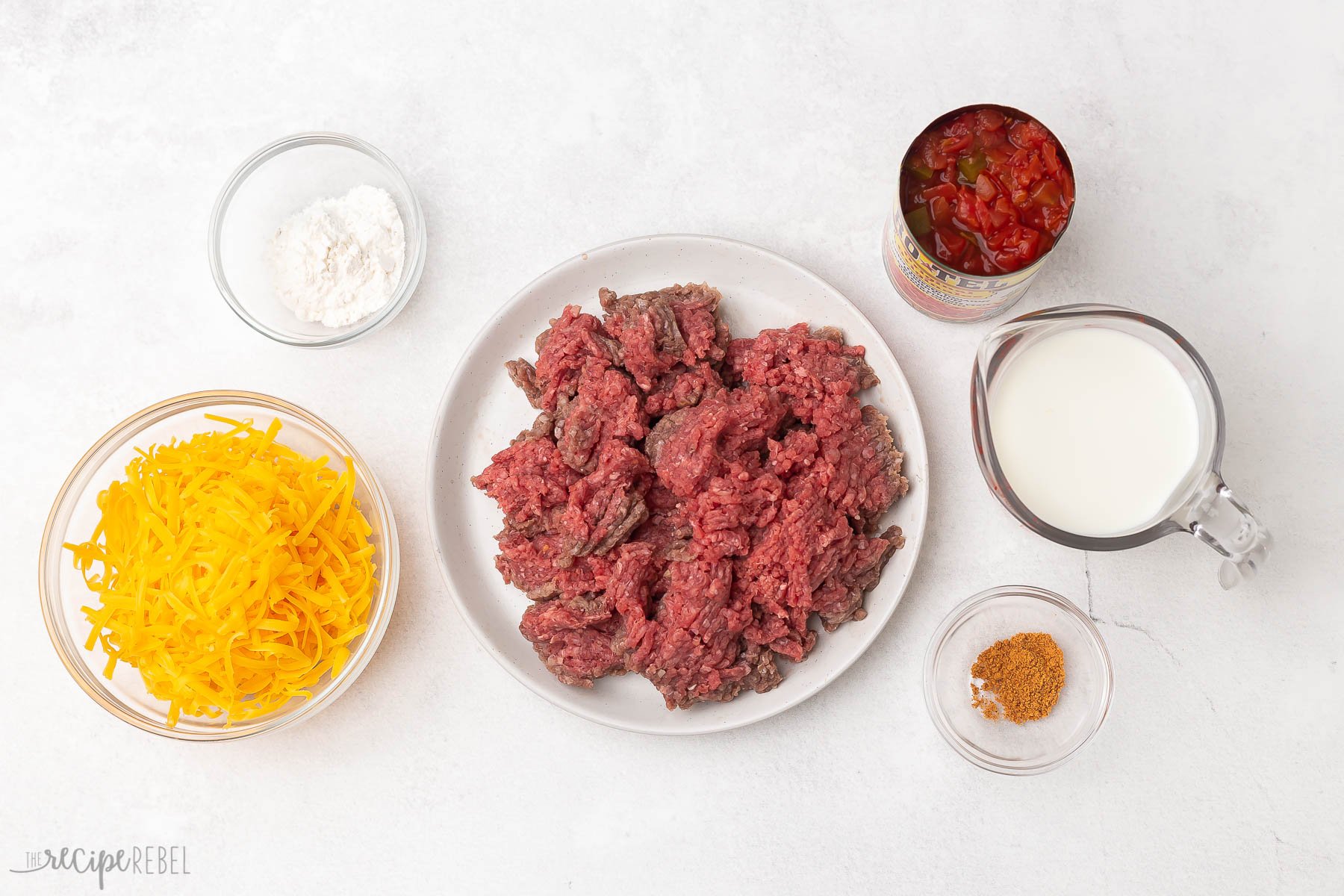 Top view of ingredients needed for Rotel dip.