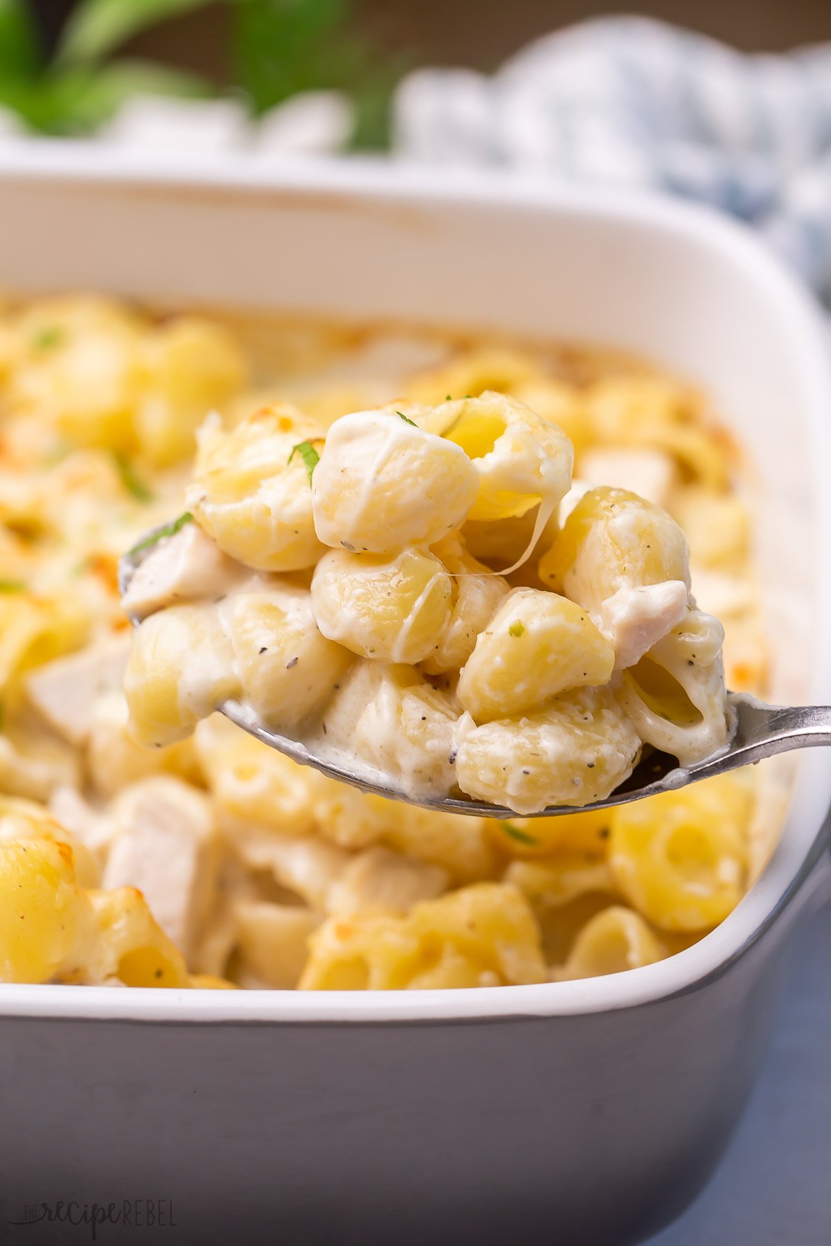 metal spoon scooping alfredo pasta from baking dish.