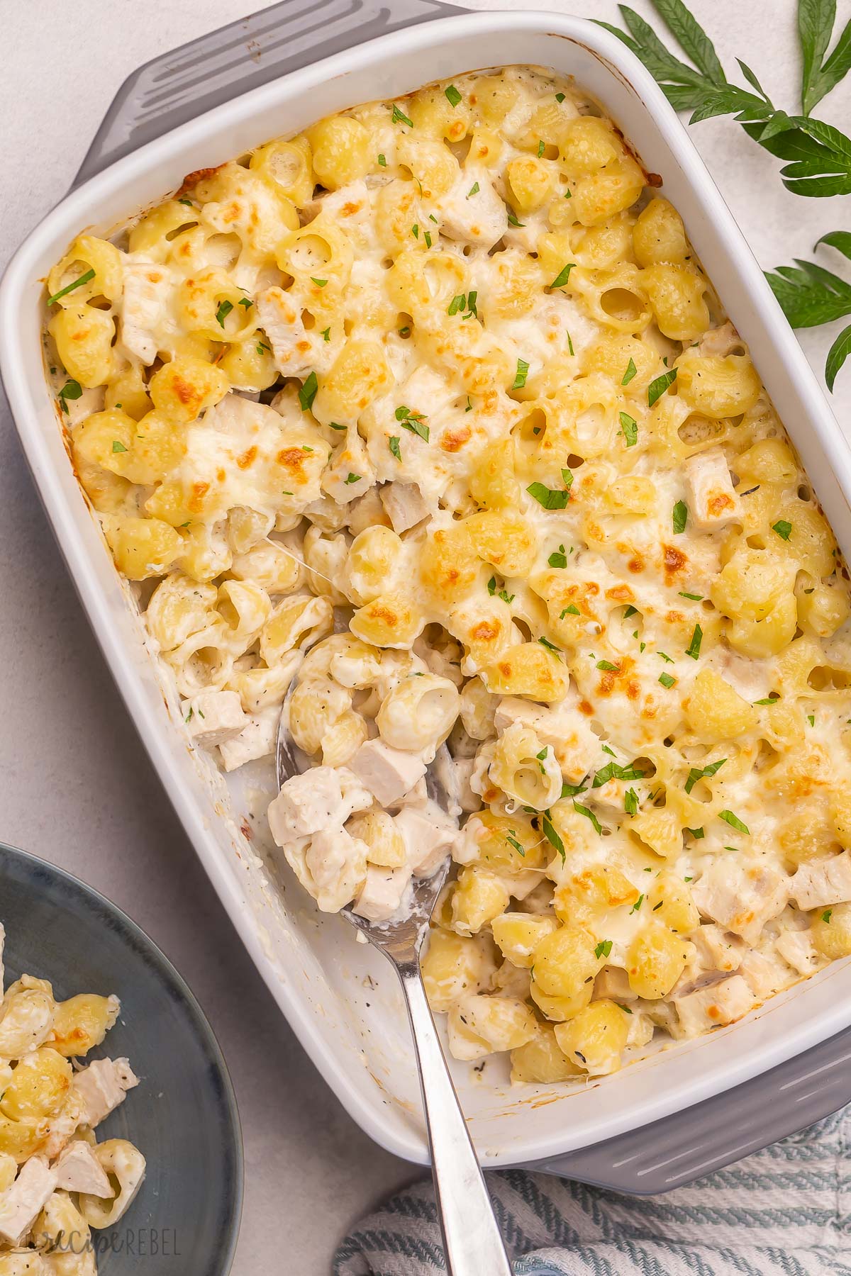This Chicken Alfredo Bake is an easy meal-prep and freezer friendly dinner option! Tender pasta and chicken are tossed in homemade Alfredo sauce, topped with cheese, then baked until hot and gooey. #pasta #dinner | dinner recipes | dinner ideas | meal prep | freezer meal | casserole | comfort food | chicken breast | chicken recipes overhead image of chicken alfredo bake with spoon stuck in.