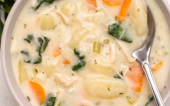 close up image of chicken gnocchi soup in bowl with spoon.