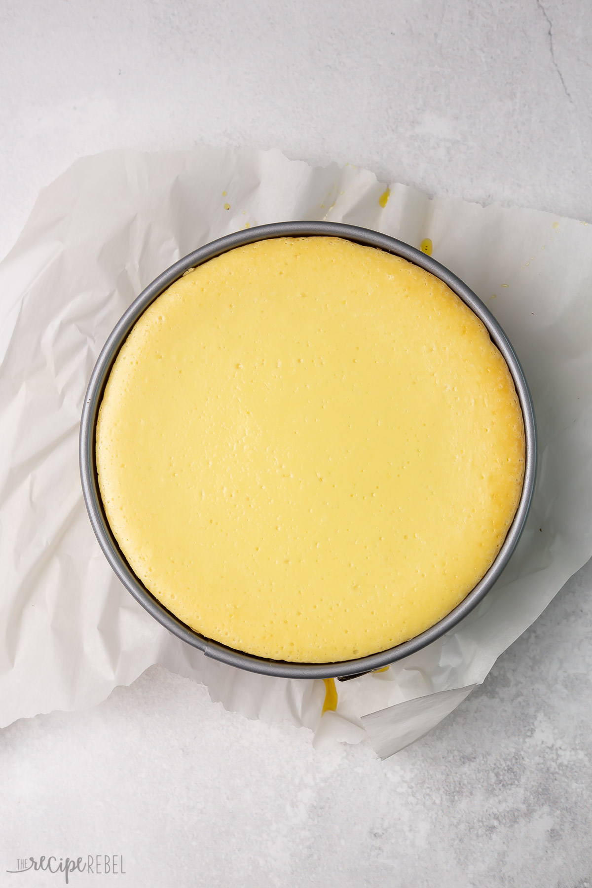 cheesecake in pan after baking.