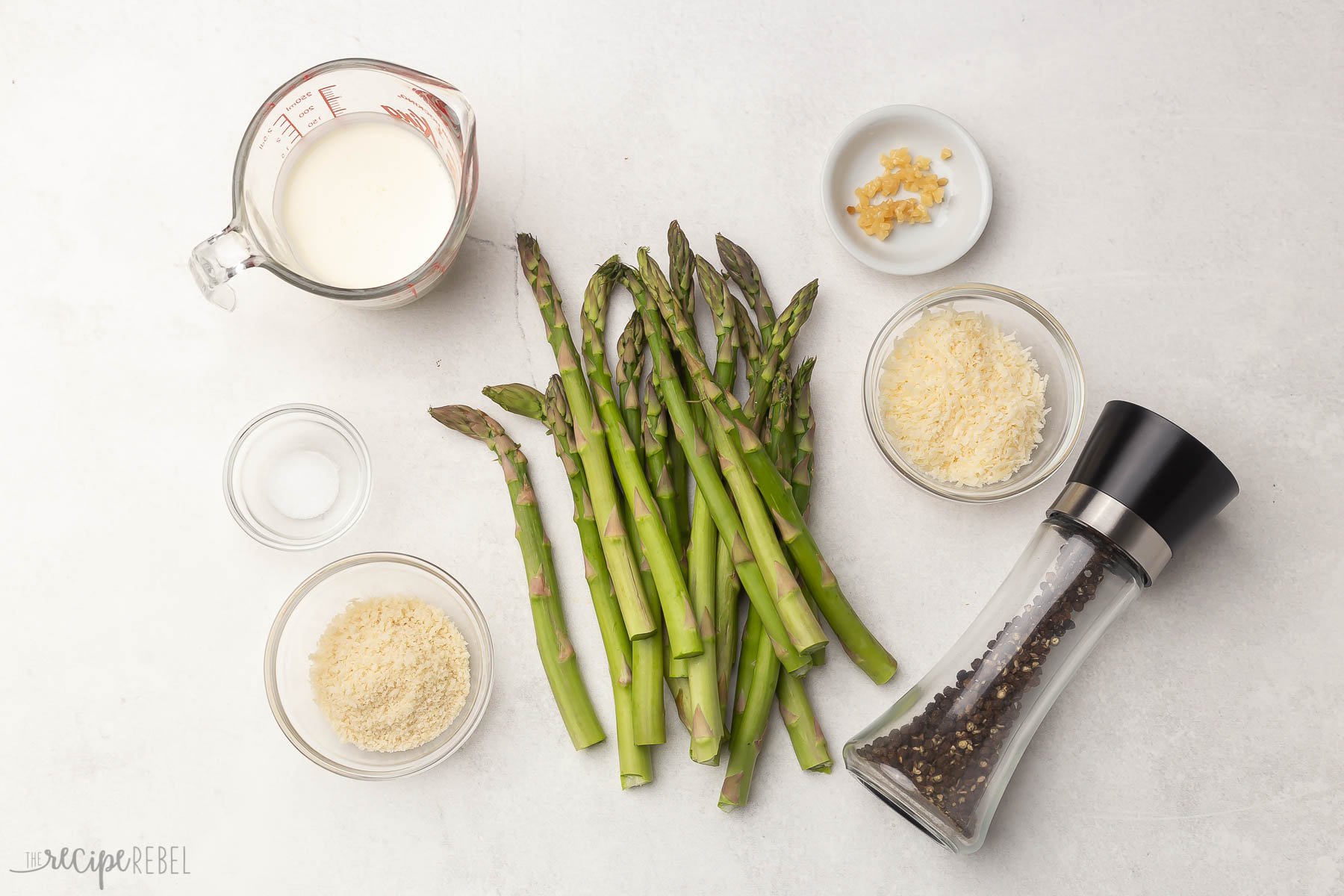 Top view of ingredients on grey surface.