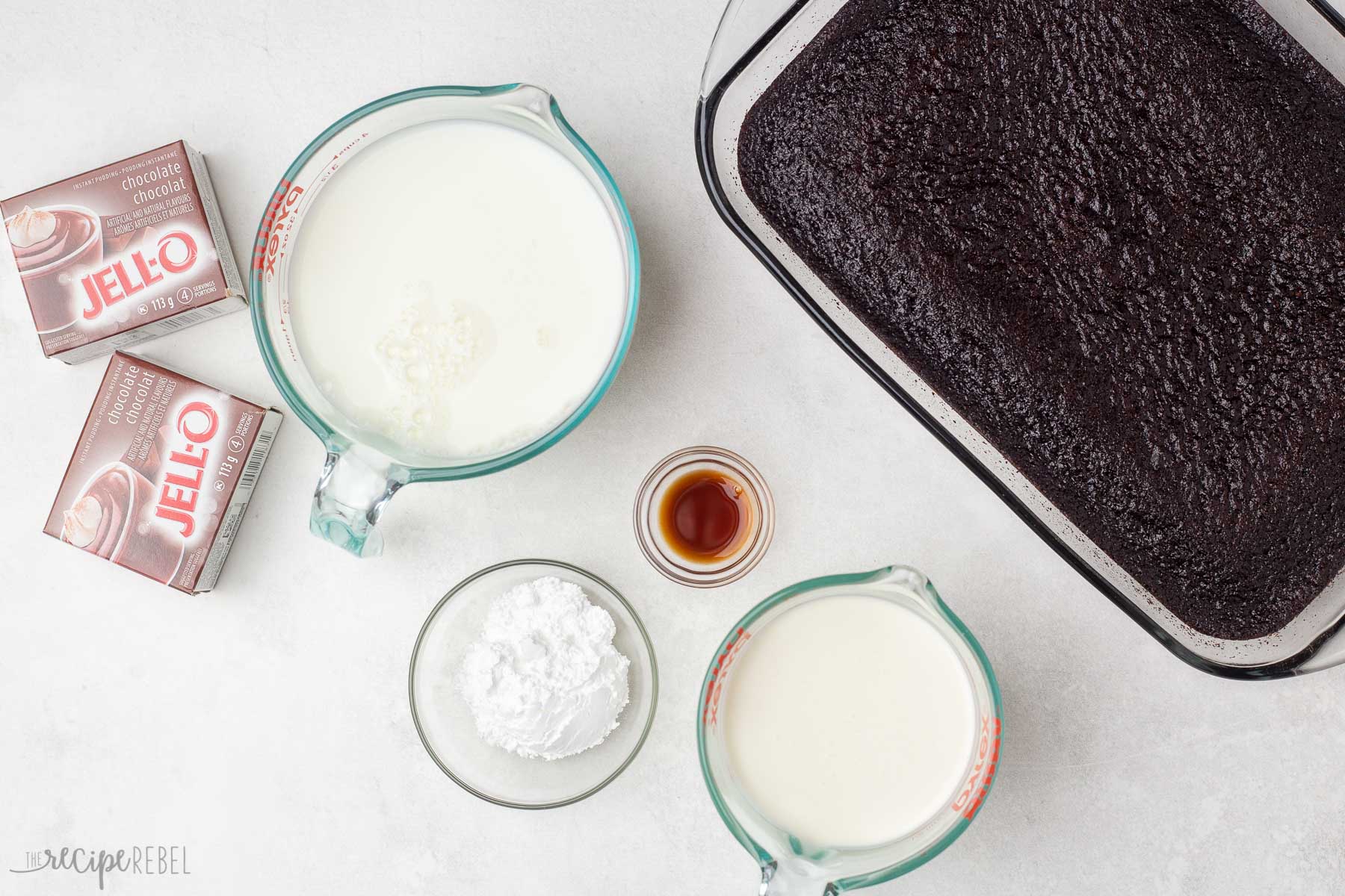 ingredients for chocolate trifle in glass bowls.