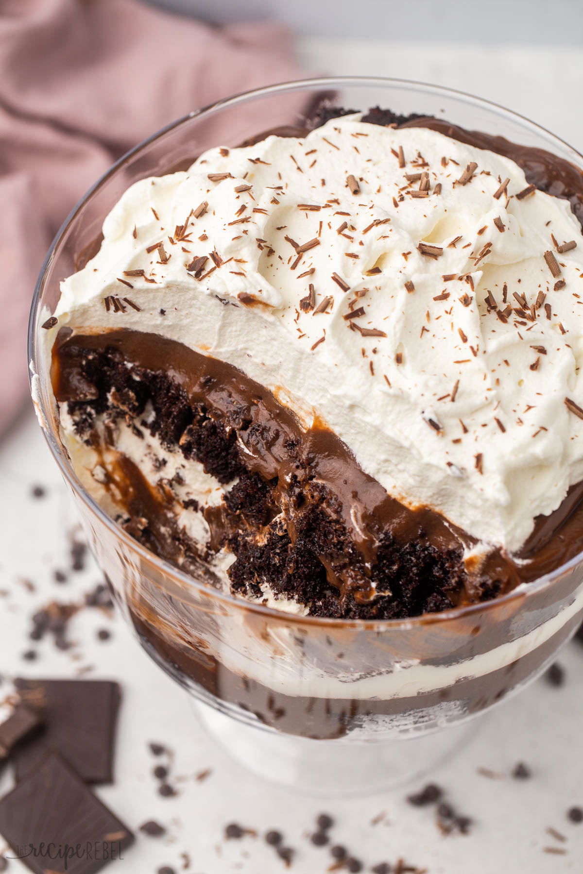 glass bowl of chocolate trifle.