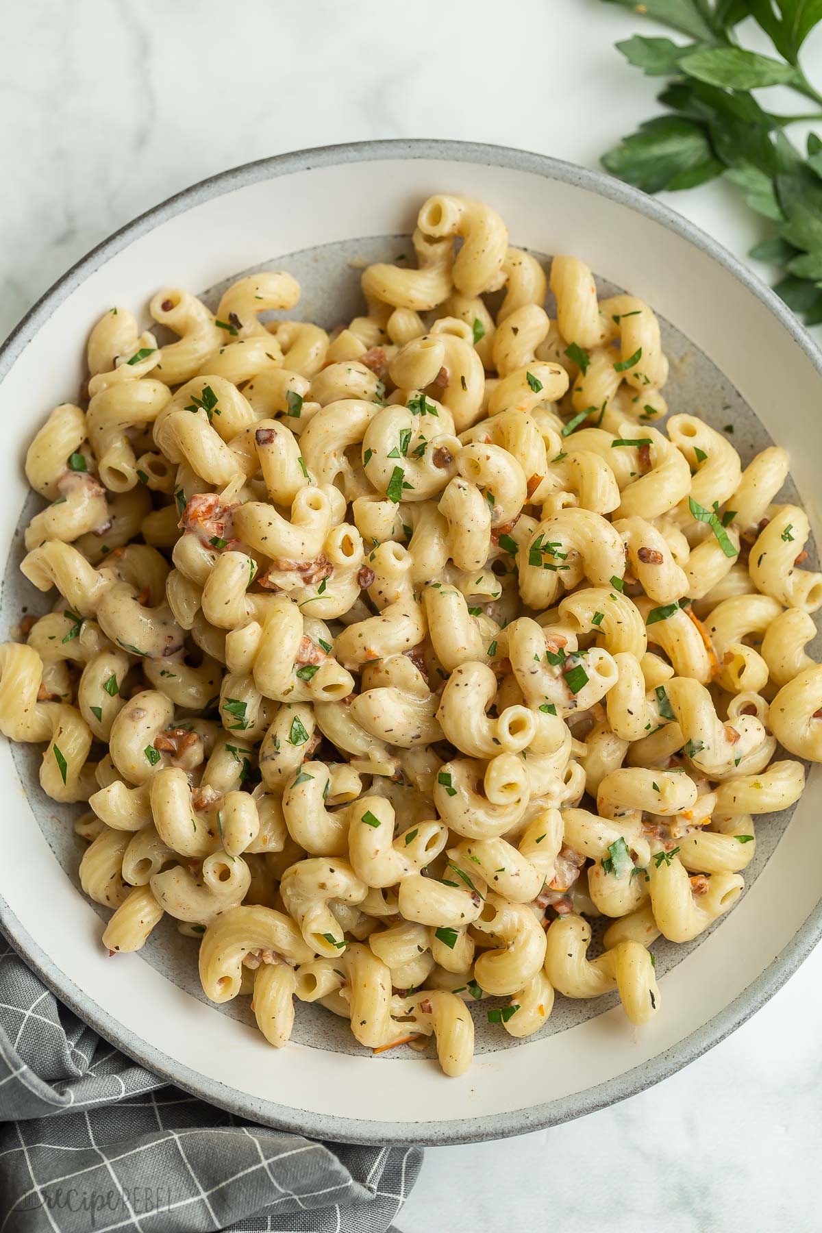 overhead image of cavatappi pasta in grey and white bowl.