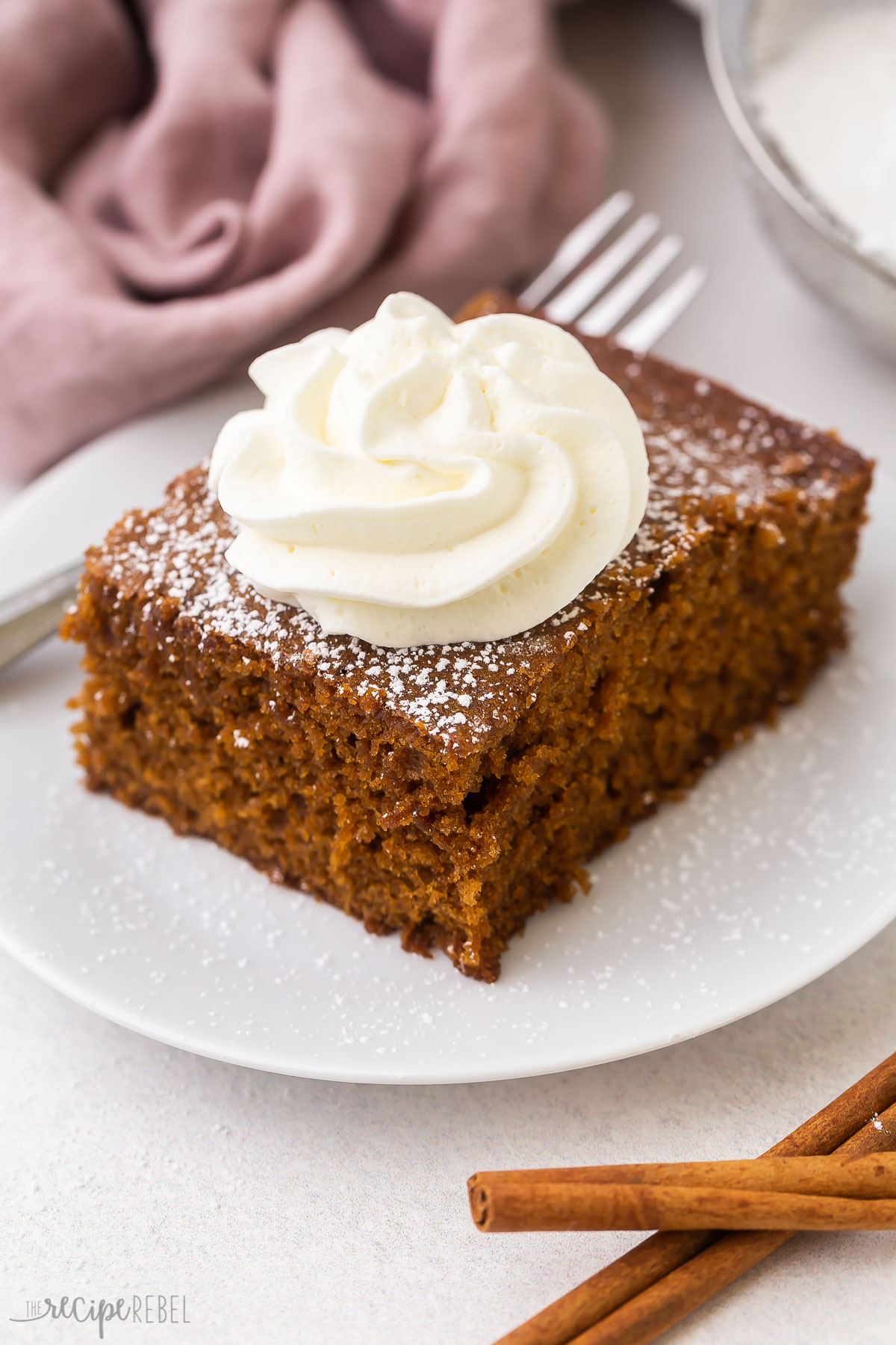 a piece of gingerbread and whipped cream on a white plate..