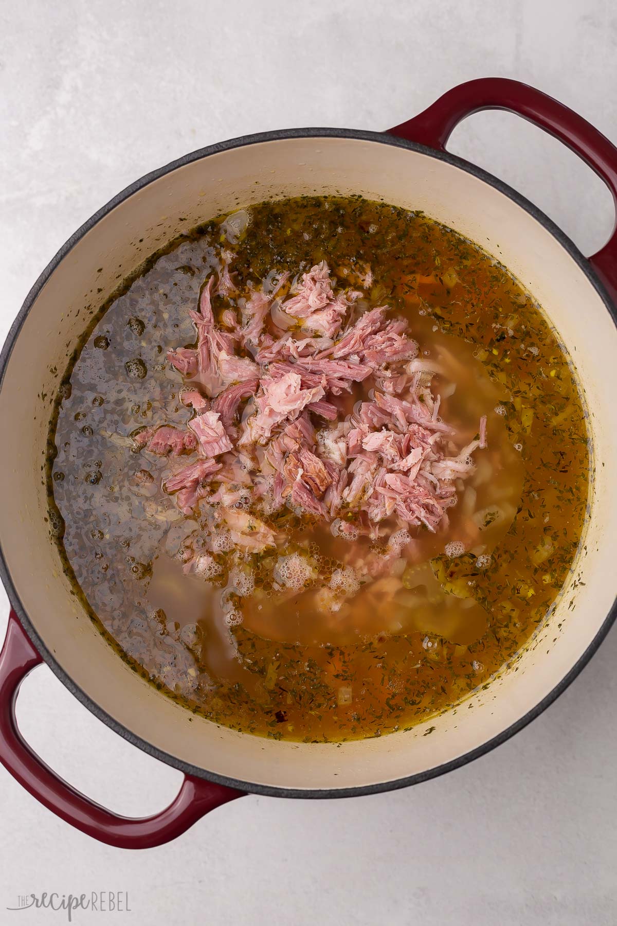 shredded ham added into ham and bean soup.