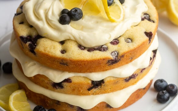 close up of lemon blueberry cake on white plate with lemon slices and blueberries on top.