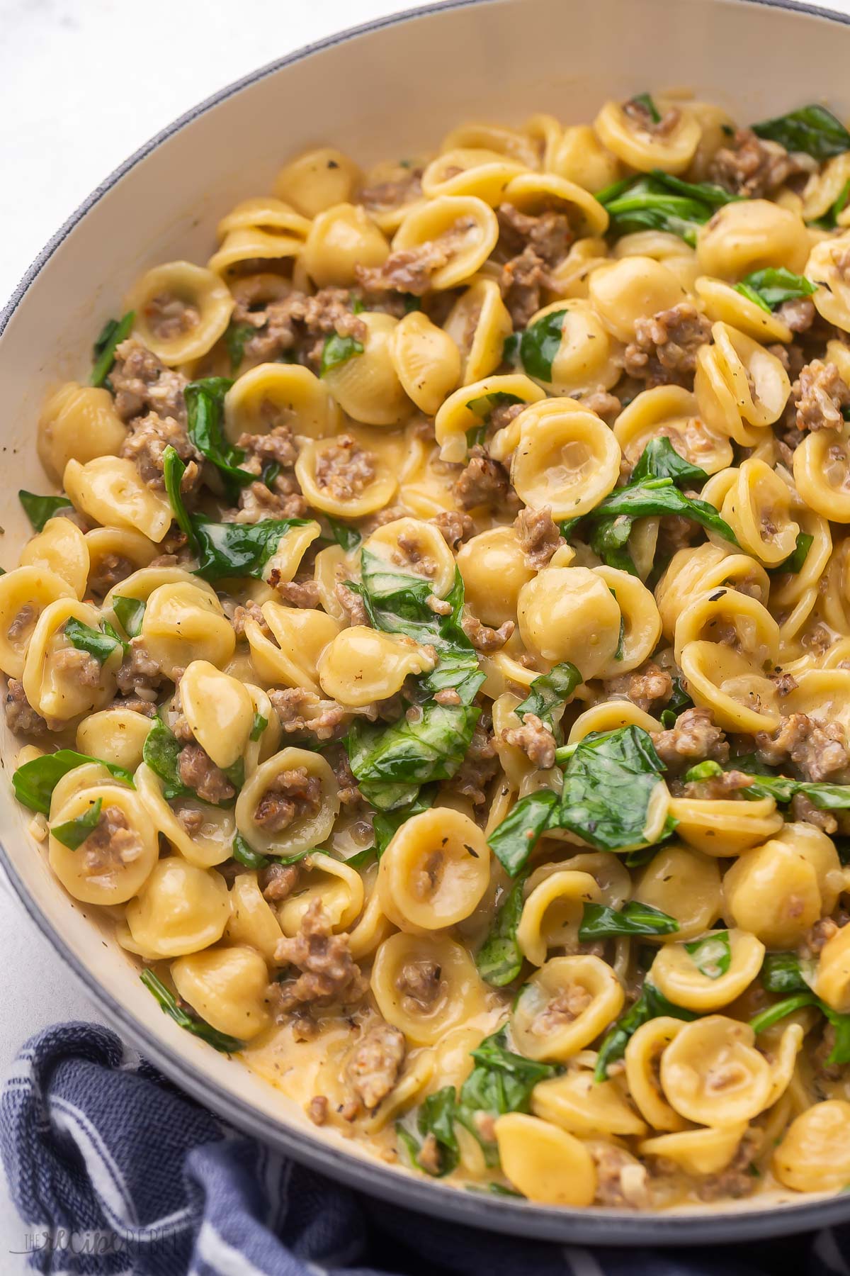 side view of pan of cooked orecchiette pasta and sausage.