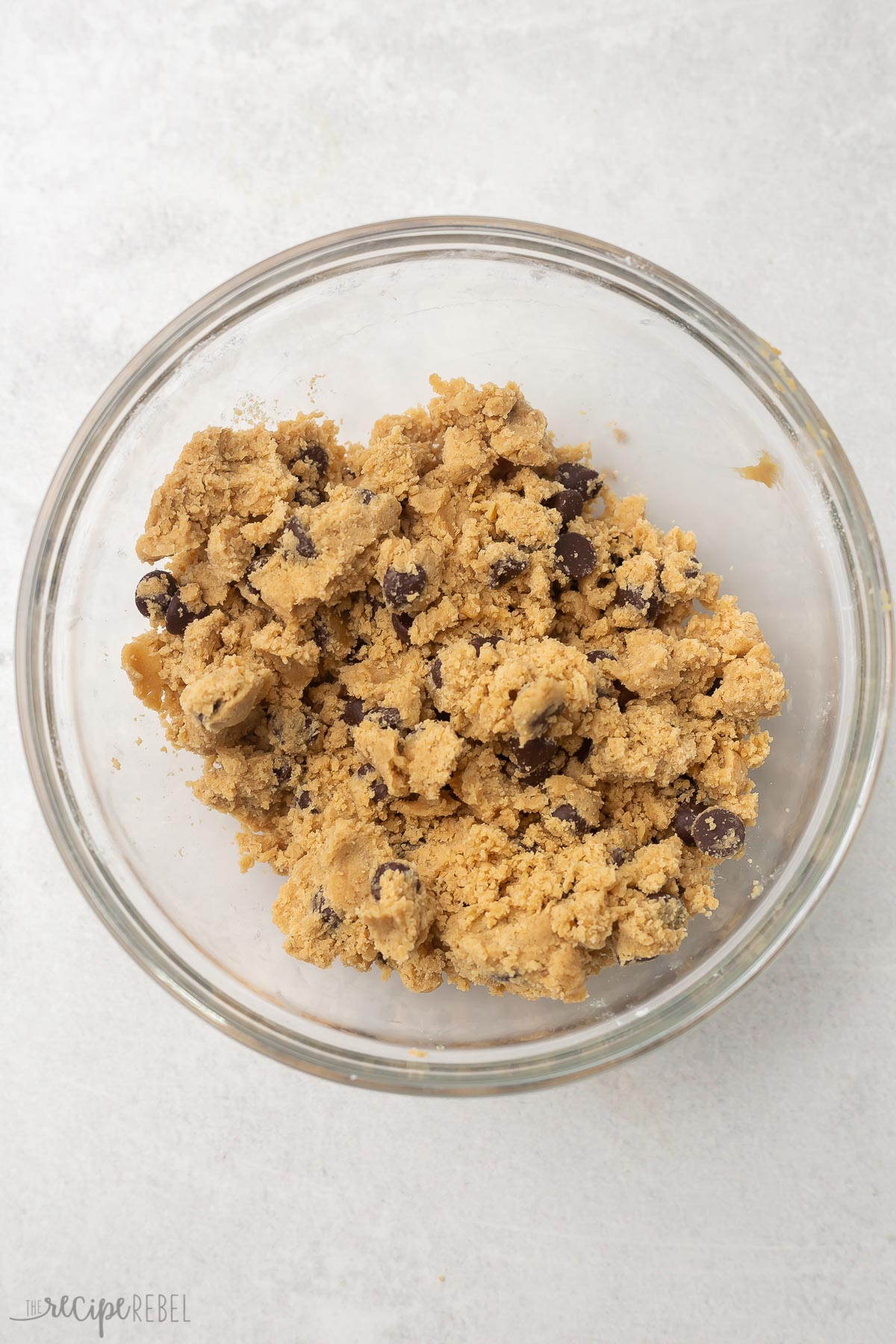 mixed streusel ingredients in a glass bowl.