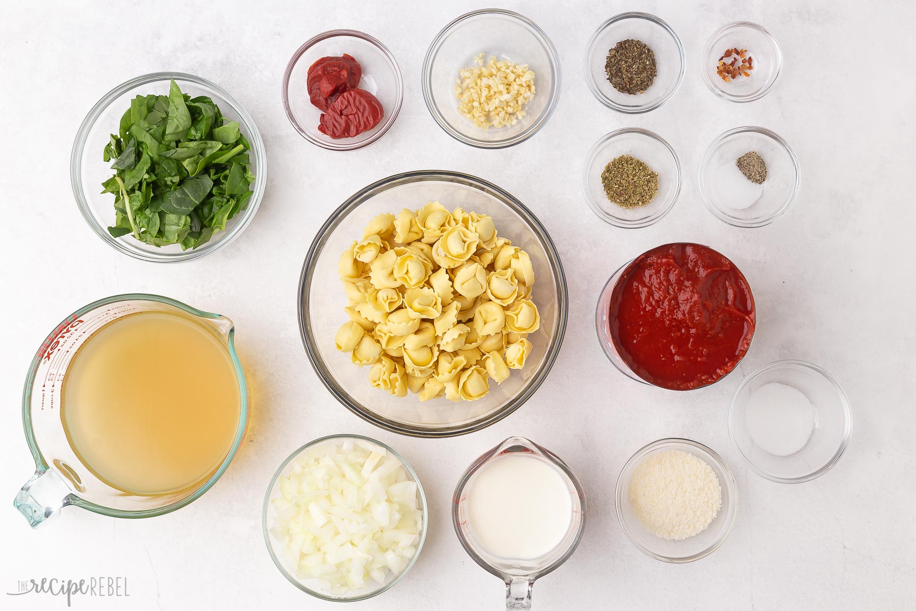 overhead image of ingredients for tomato tortellini soup.