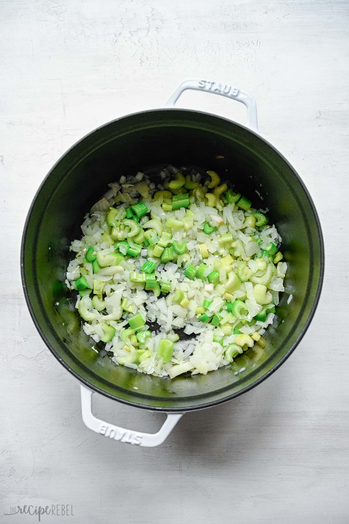 onion and celery sauteeing in large soup pot.