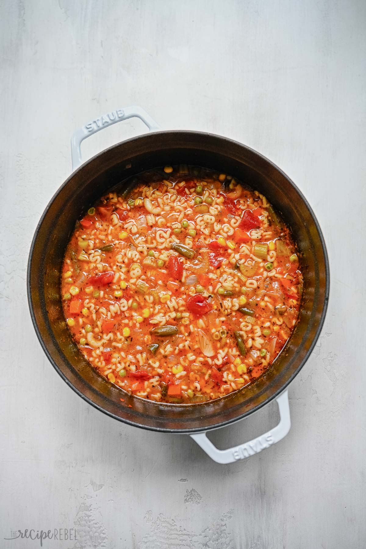 finished alphabet soup in large soup pot.