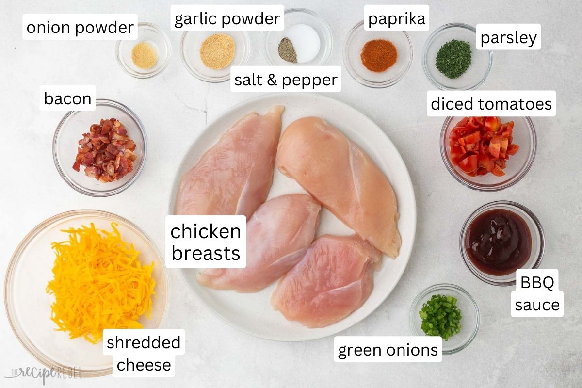 ingredients for baked monterey chicken recipe on grey surface.