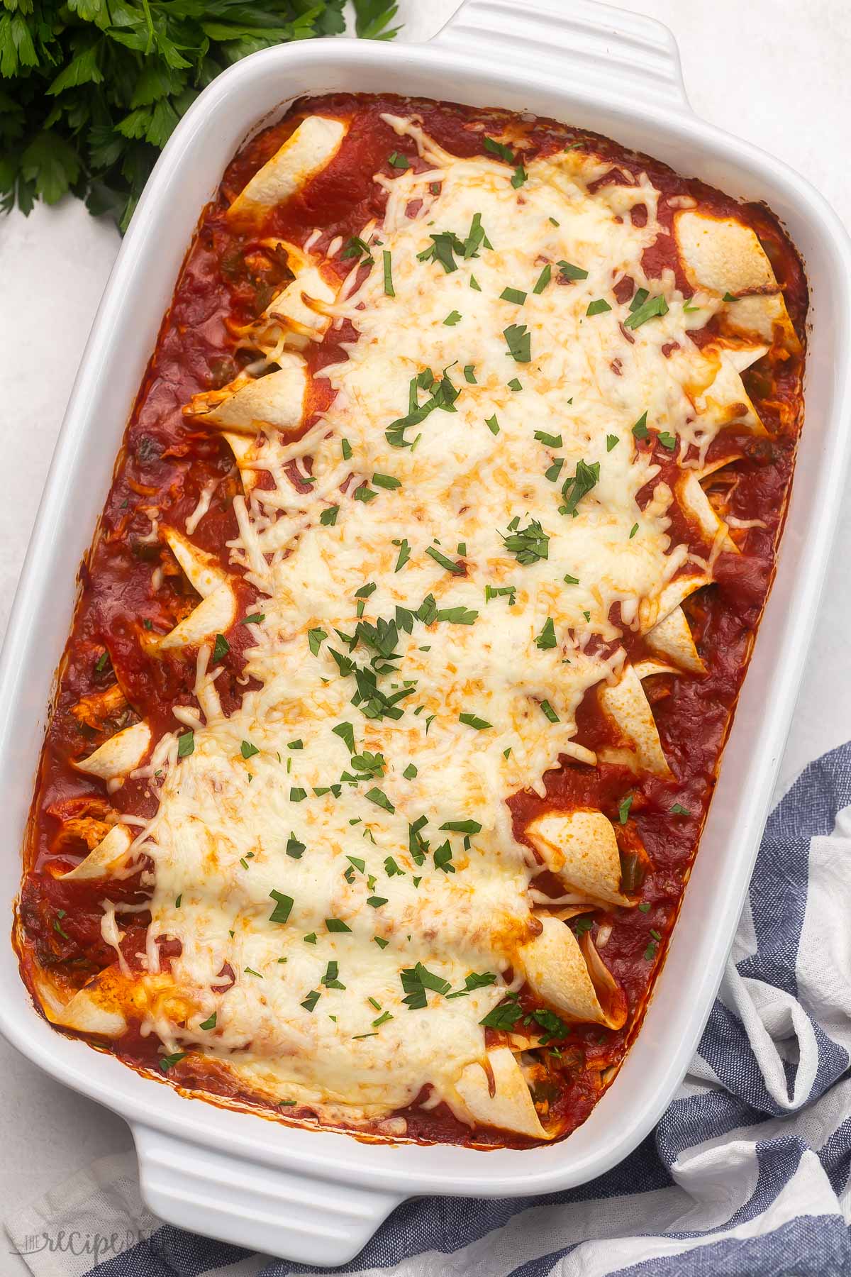 overhead shot of baked enchiladas in dish garnished with parsley.