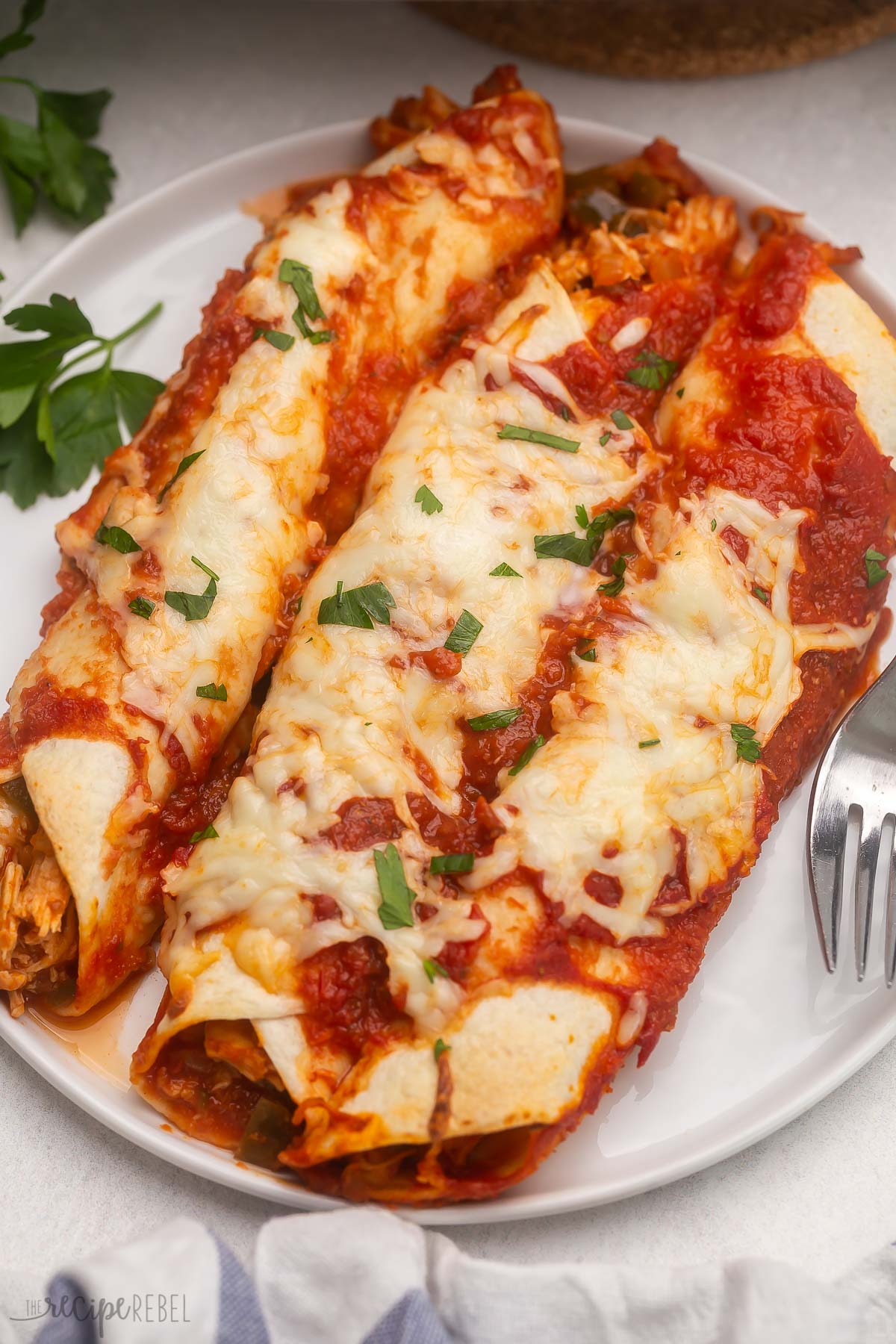 Top view of three enchiladas on a white plate with a fork beside them.