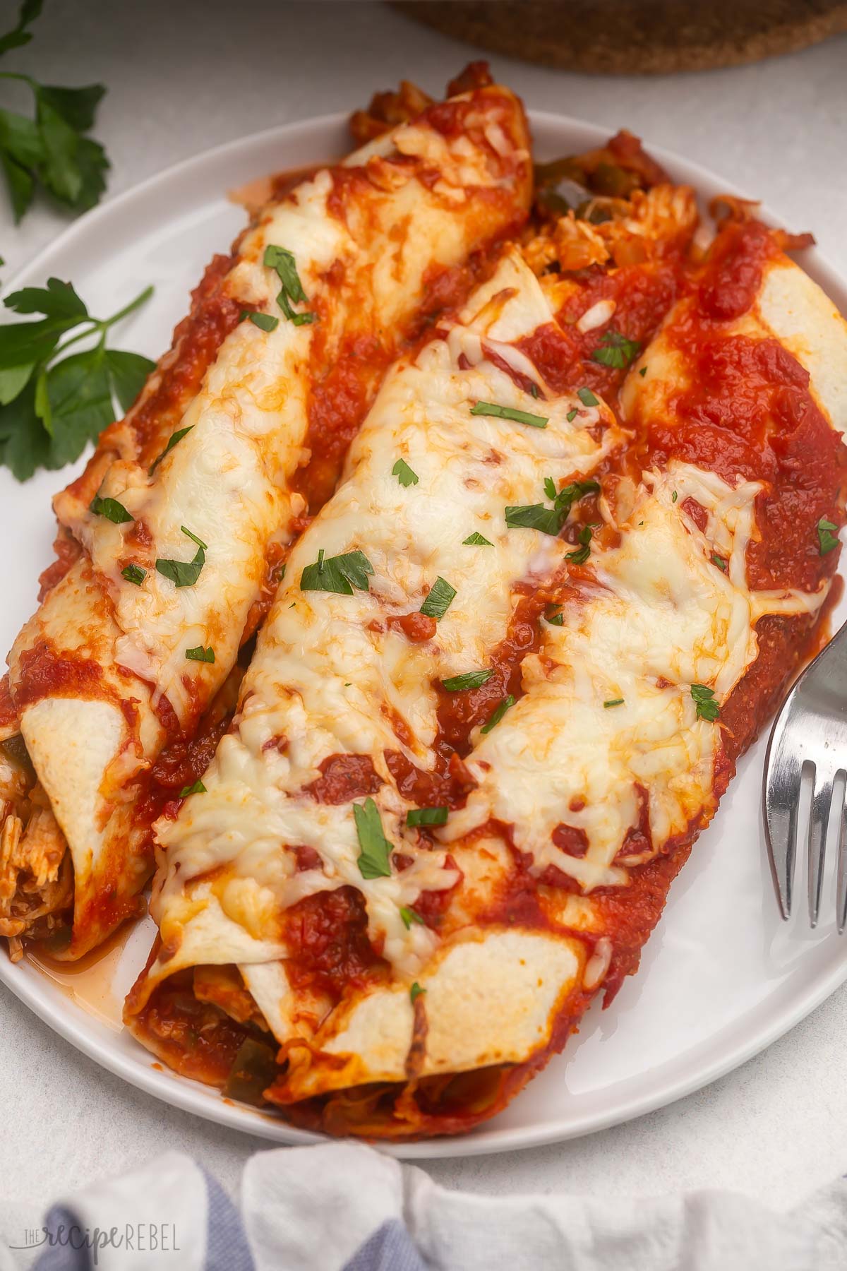 This Easy Chicken Enchiladas recipe is one we've used time and time again to make the BEST chicken enchiladas. Made with tender chicken cooked in enchilada sauce with onions and peppers, corn or flour tortillas and plenty of cheese. #dinner #recipe | easy dinner | chicken recipe | chicken dinner | chicken breast | shredded chicken | mexican recipes | mexican food | easy enchiladas Top view of three enchiladas on a white plate with a fork beside them.