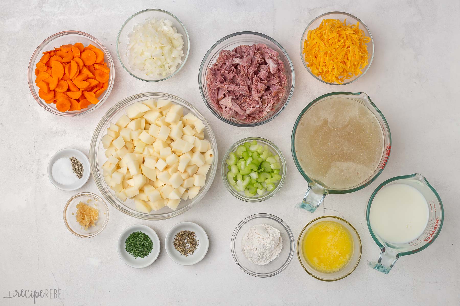 overhead image of ingredients needed for ham and potato soup