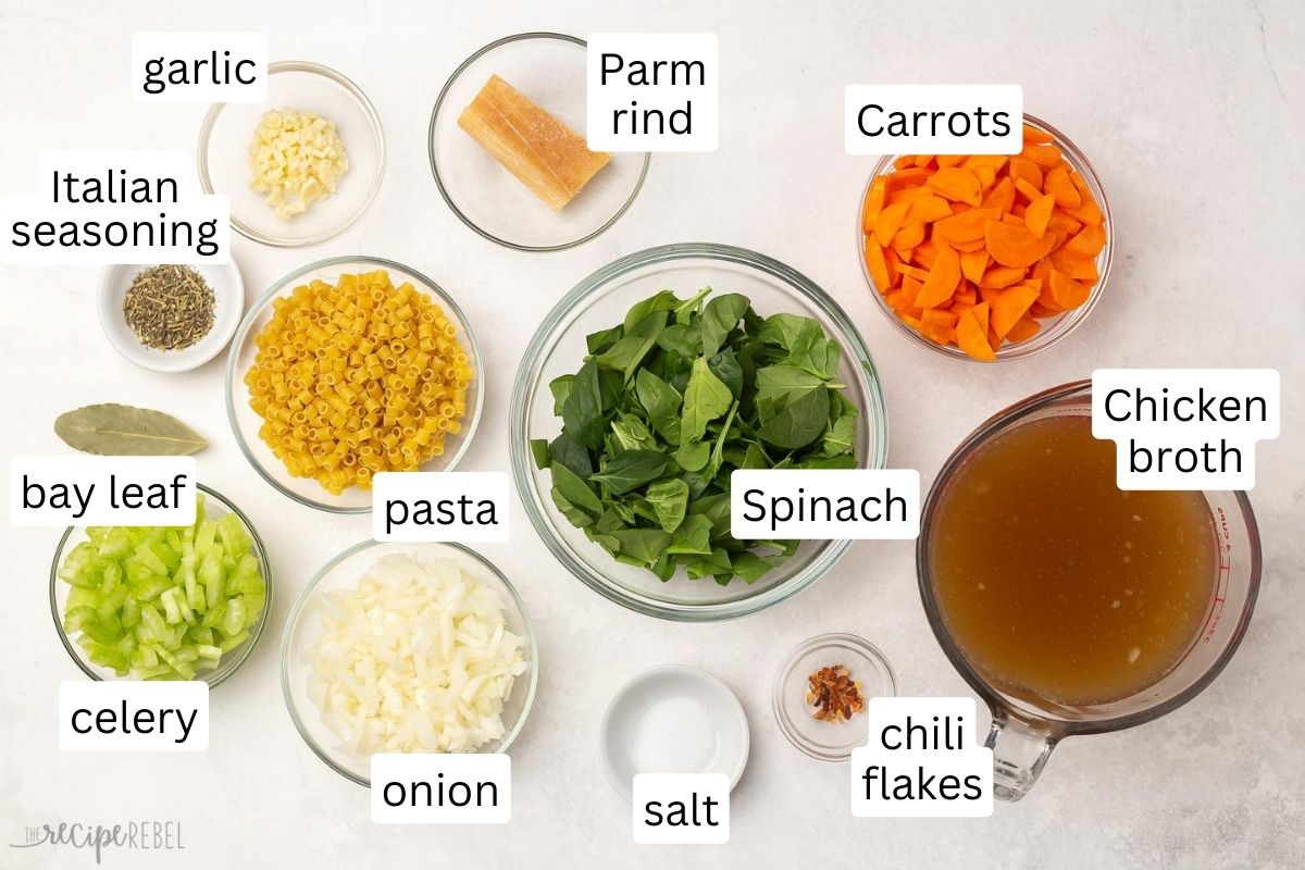 ingredients for Italian wedding soup recipe on grey surface.