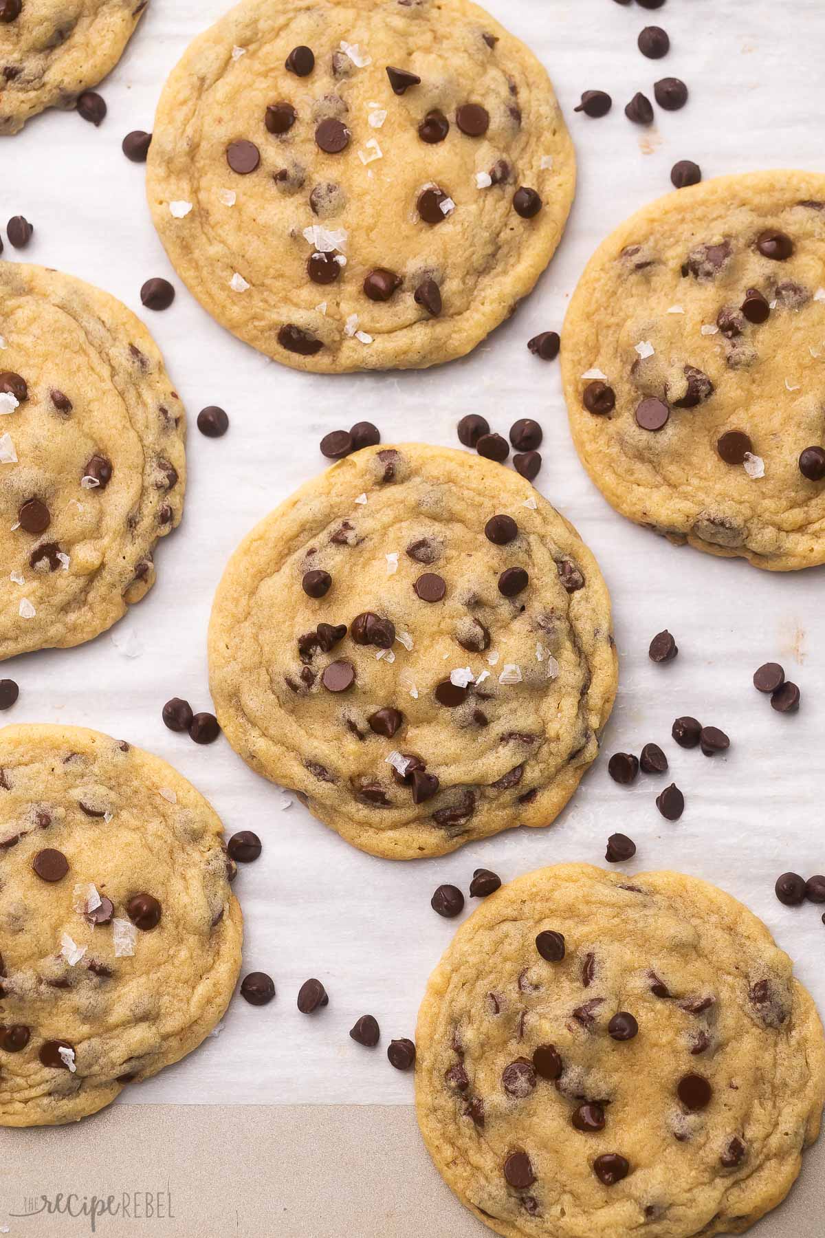 overhead shot of baked chocolate chip cookies on parchment paper.