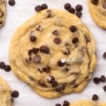 close up of mom's chocolate chip cookie and chocolate chips.