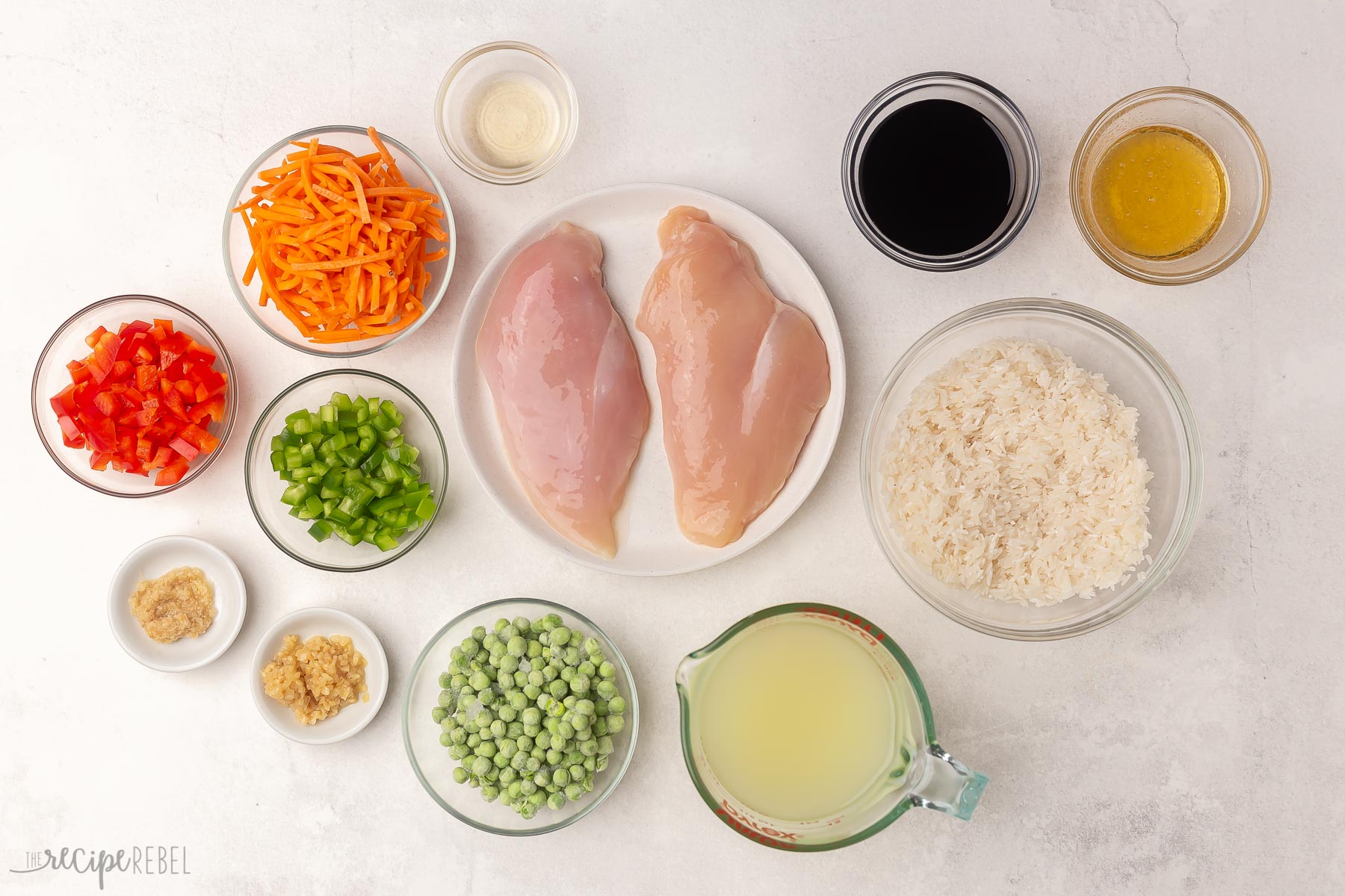 Overhead view of ingredients for one pan teriyaki chicken and rice.