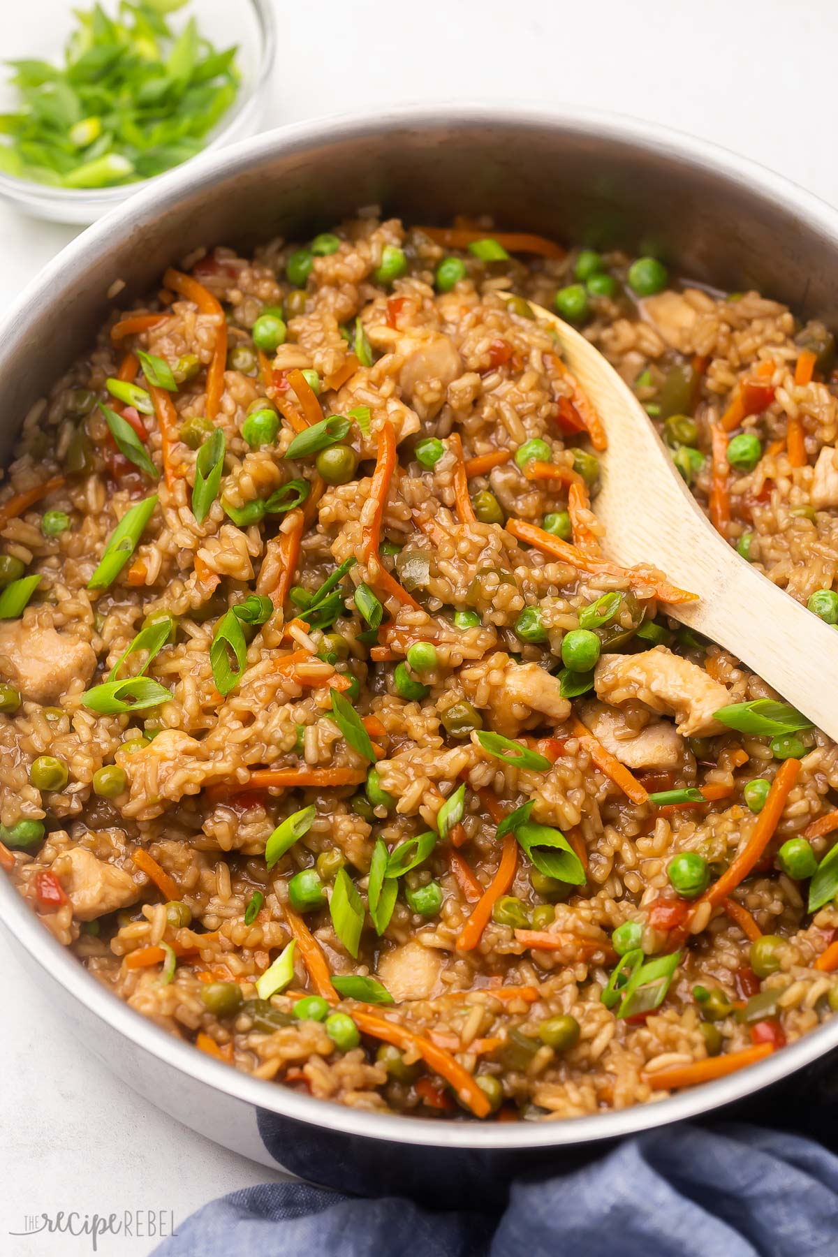 Steel pan filled with teriyaki chicken, rice, and veggies, with green onions and wooden ladle.