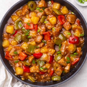 Top view of sweet and sour pork in a frying pan.