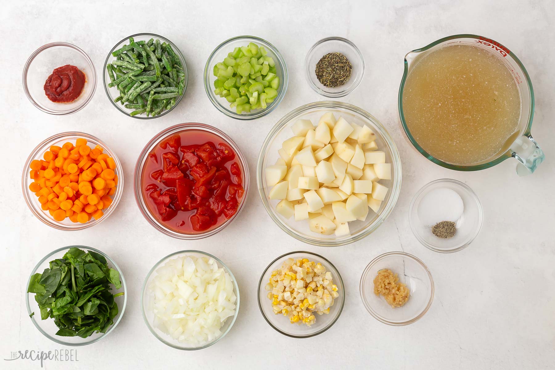 Top view of ingredients for vegetable soup.